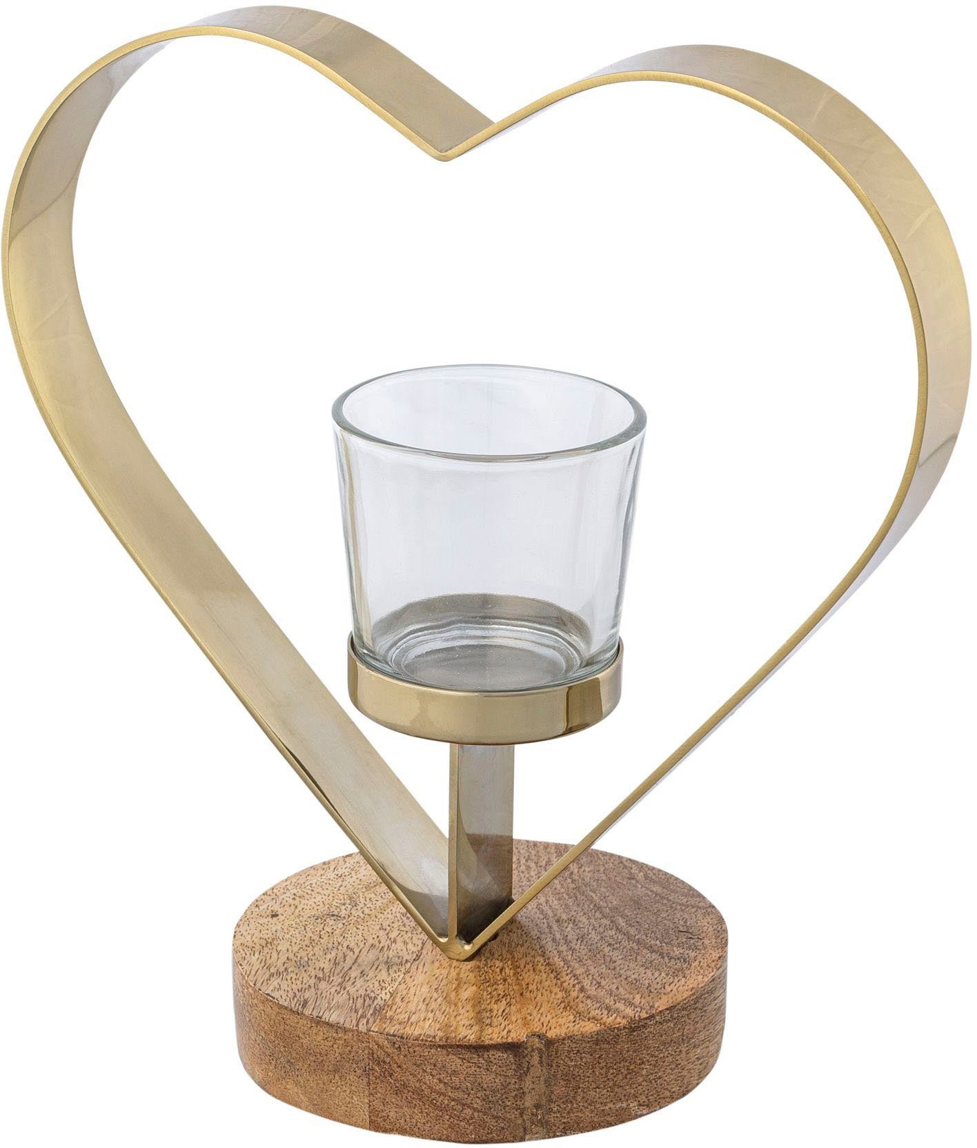 Creativ home Waxinelichthouder Kandelaar hart uit hout, roestvrij staal en glas (set, 2 stuks)