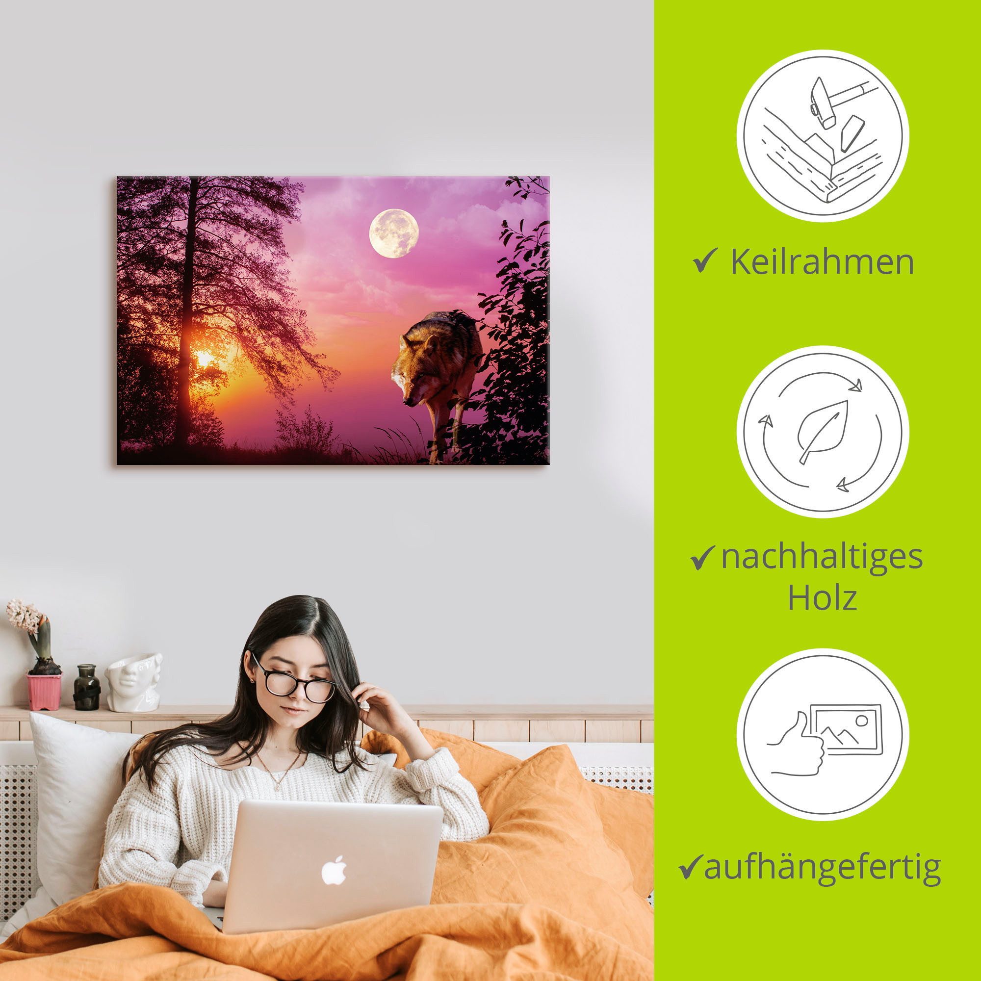 Artland Artprint Wolf bij volle maan als artprint van aluminium, artprint voor buiten, artprint op linnen, poster in verschillende maten. maten