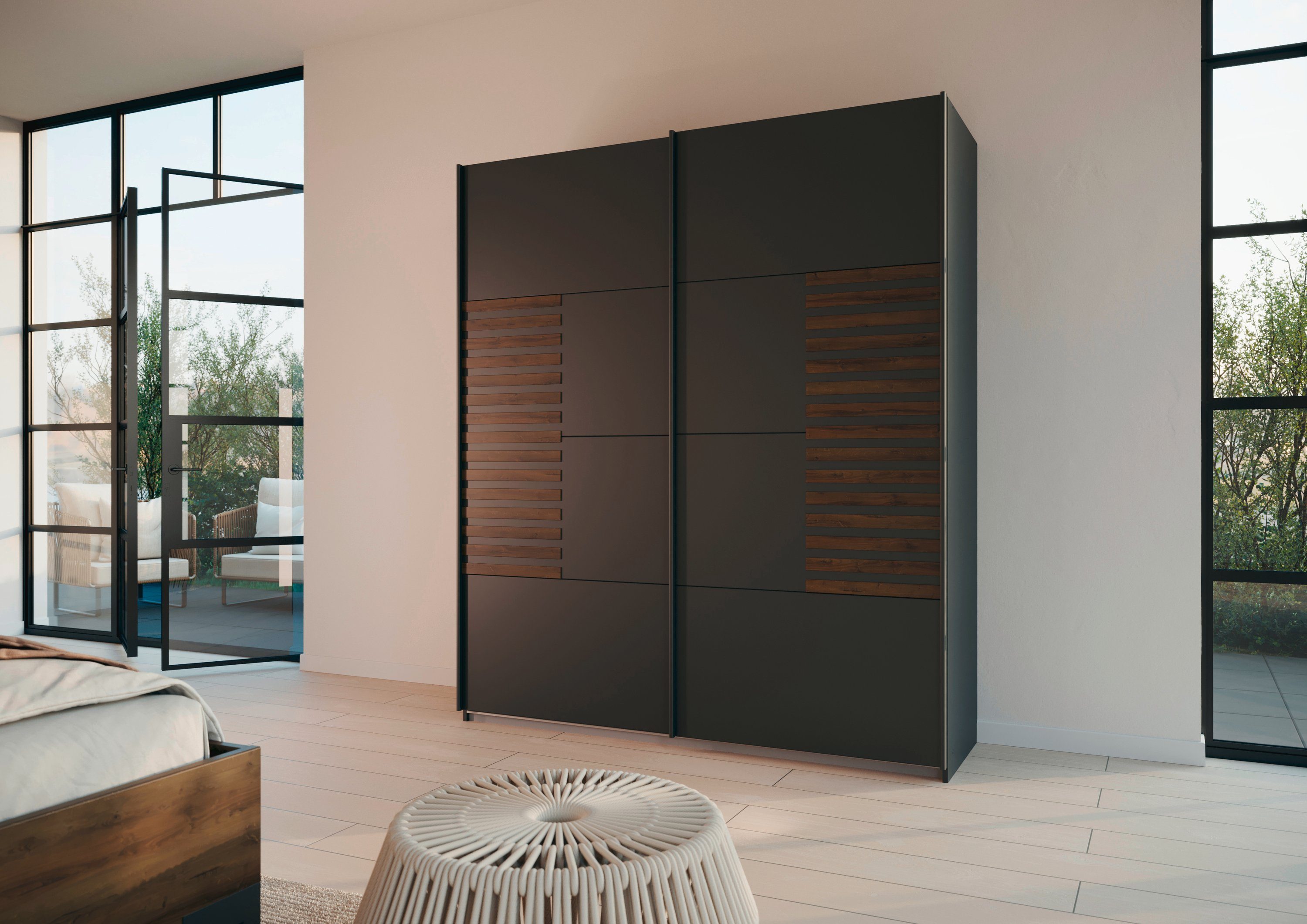 rauch Zweefdeurkast Kledingkast Kast Garderobe Slaapkamerkast BAREA Front met oplage in moderne lamellen-look MADE IN GERMANY