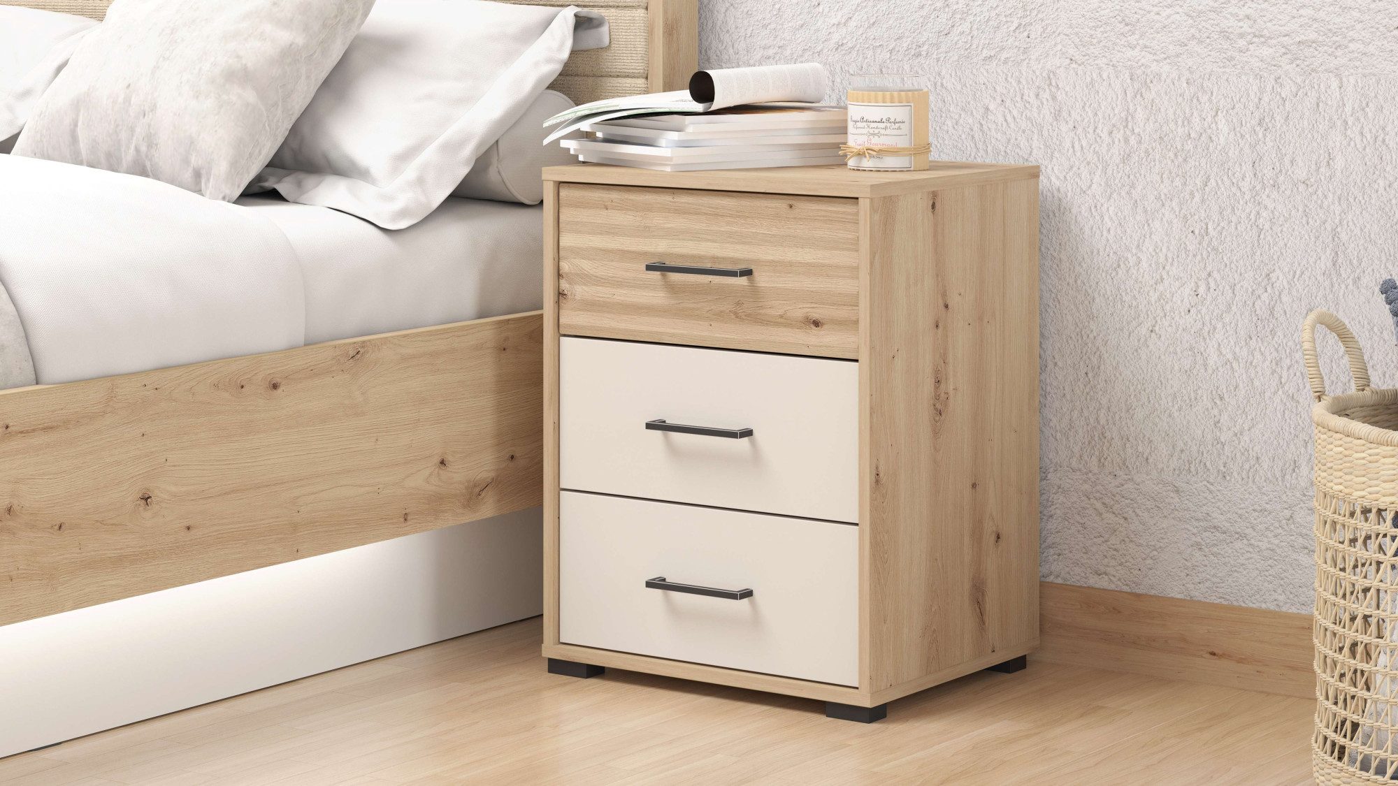 INOSIGN Nachtkastje Modena nachtkastje met 2 of 3 lades FSC®-gecertificeerd trendy kleur cashmere, ideaal voor kleine ruimtes