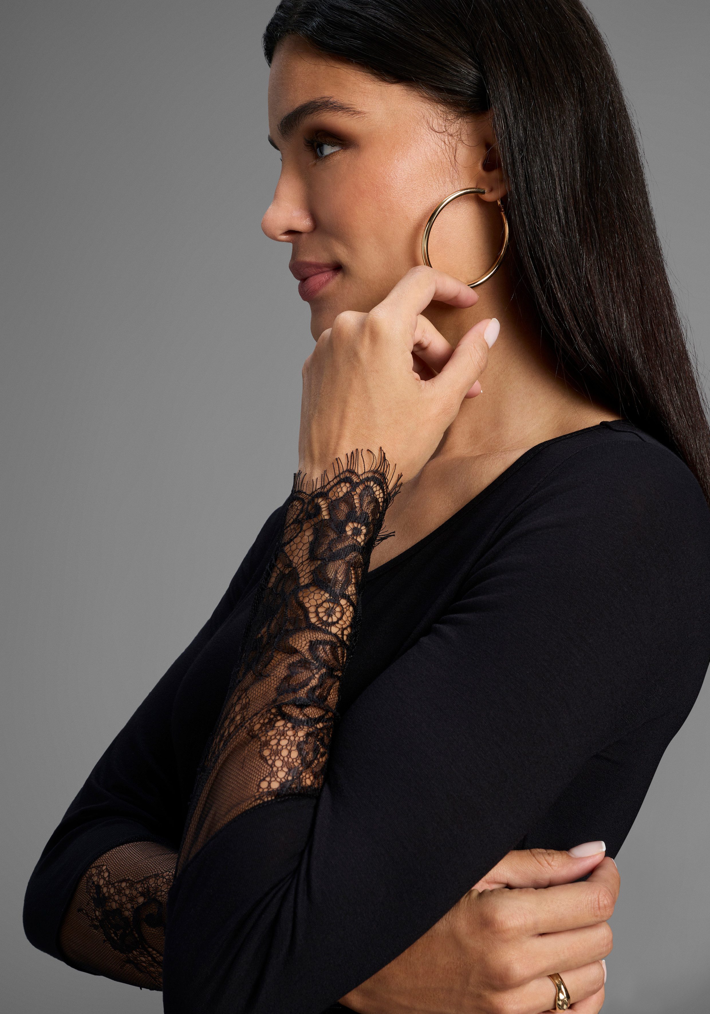 Melrose Shirt met lange mouwen getailleerde pasvorm, van jersey en kant