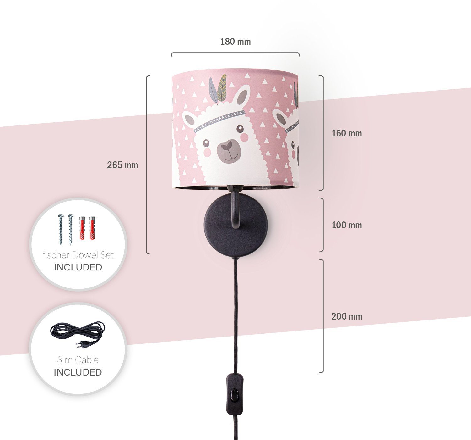 Paco Home Wandlamp Ela 214 Kinderlamp wandlamp met schakelaar Ø…18cm lama roze grijs kabel 3m E14