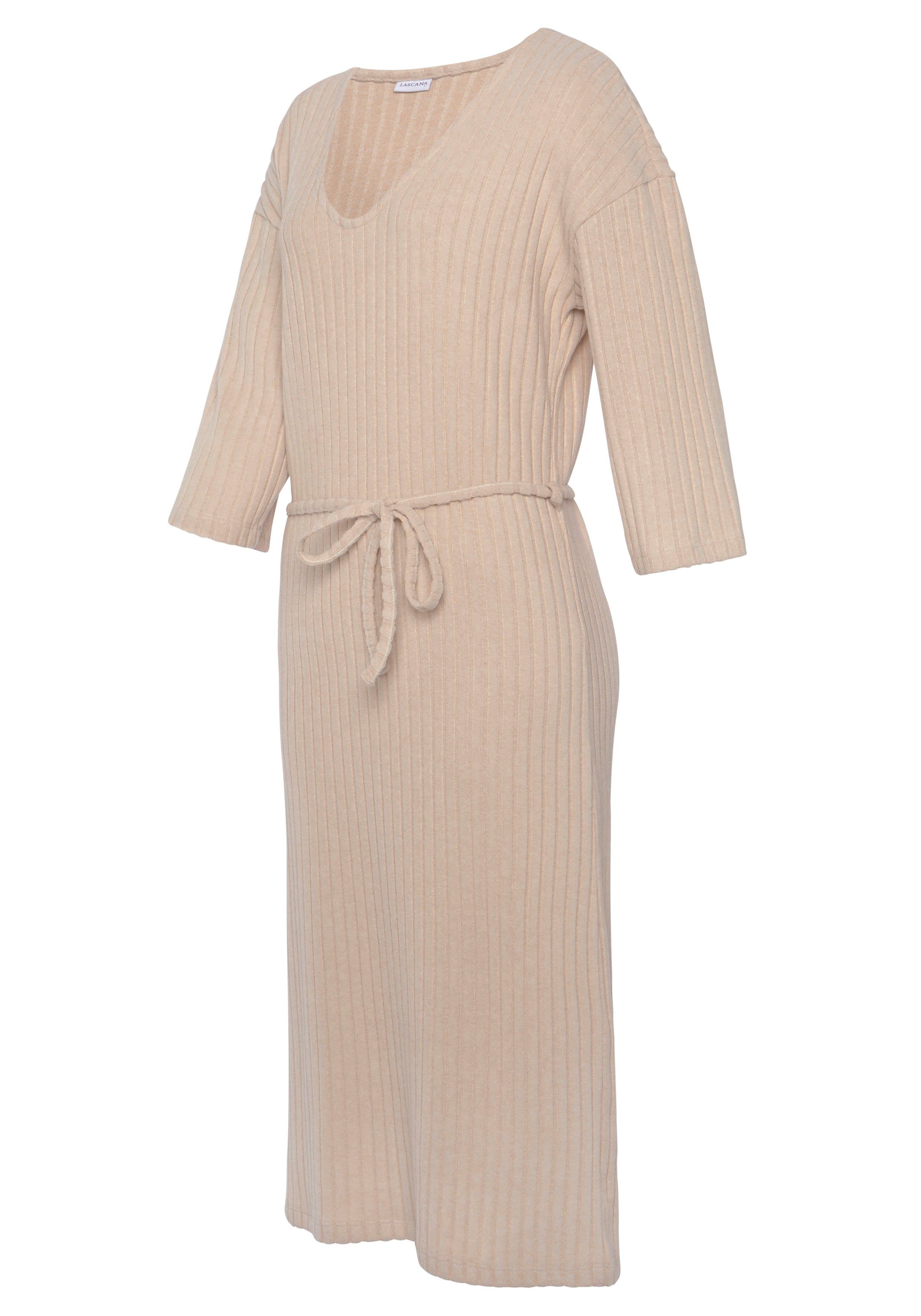 Lascana Gebreide jurk - Ribgebreide jurk, loungejurk Lounge-/rib jurk met wijde mouwen en tailleband, loungewear (1-delig)