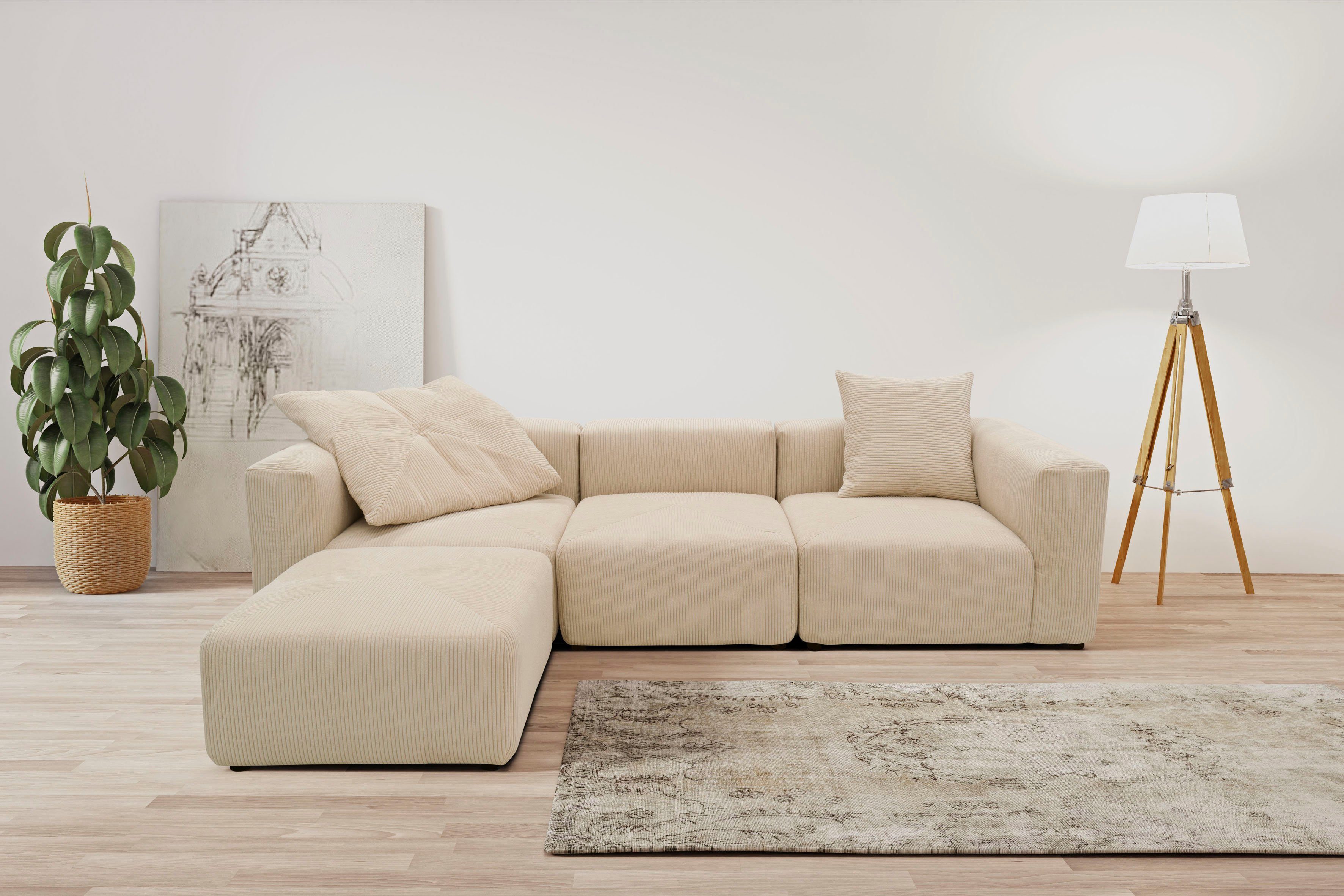 RAUM.ID Hoekbank Gerrid L-vorm Ribfluwelen bekleding, modulaire bank, bestaande uit hoek- en tussenelement + voetenbank/poef beige, hoekbanken