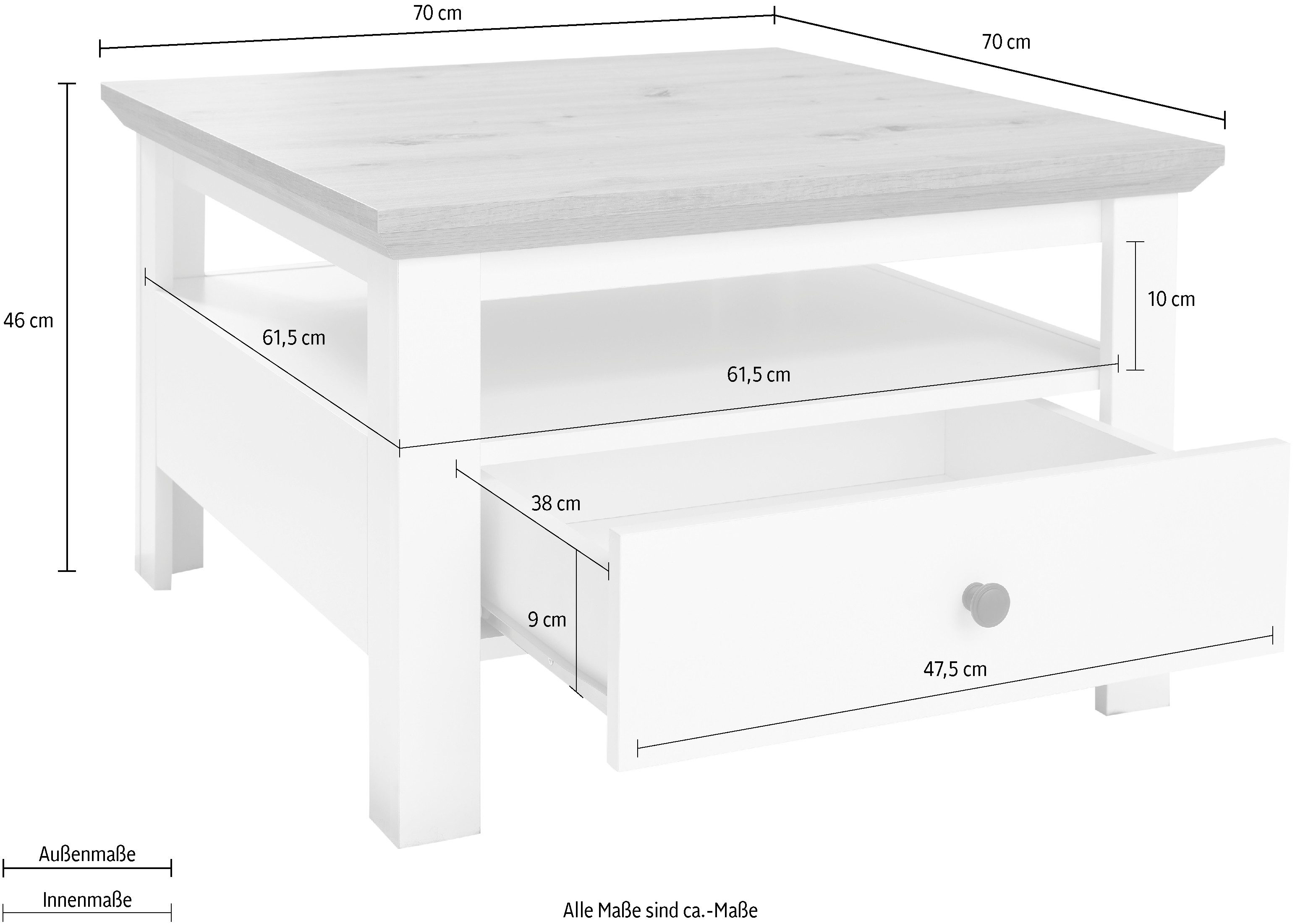 INOSIGN Salontafel Ulm Woonkamertafel in wit/eiken met afgeschuind bovenblad - 70/70 cm