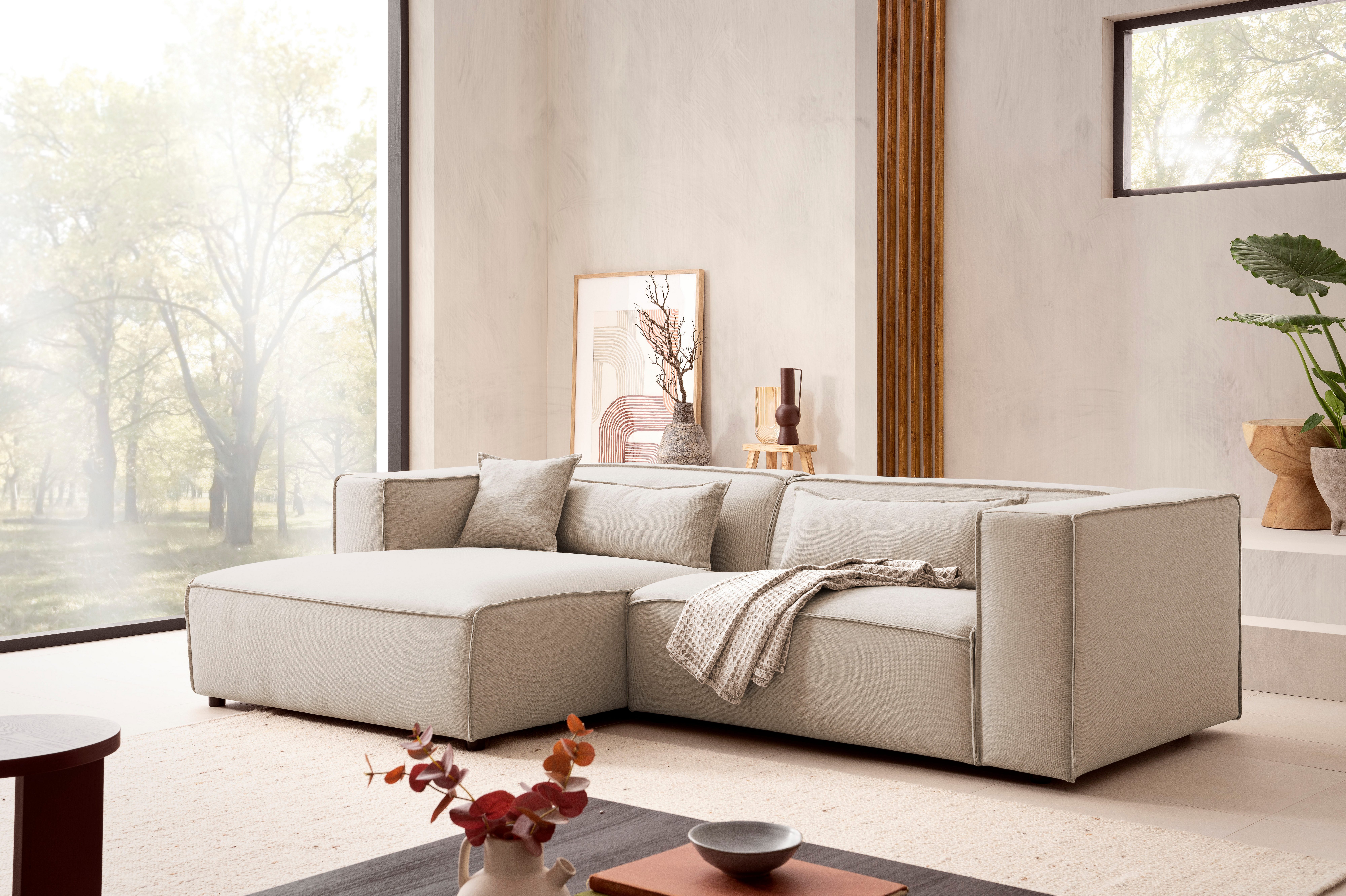 LeGer Home by Lena Gercke Hoekbank PIARA met biesnaad in cord of linnenlook, moderne bank in L-vorm keuze ottomaan rechts/links, zwarte voeten, comfortabel zitcomfort