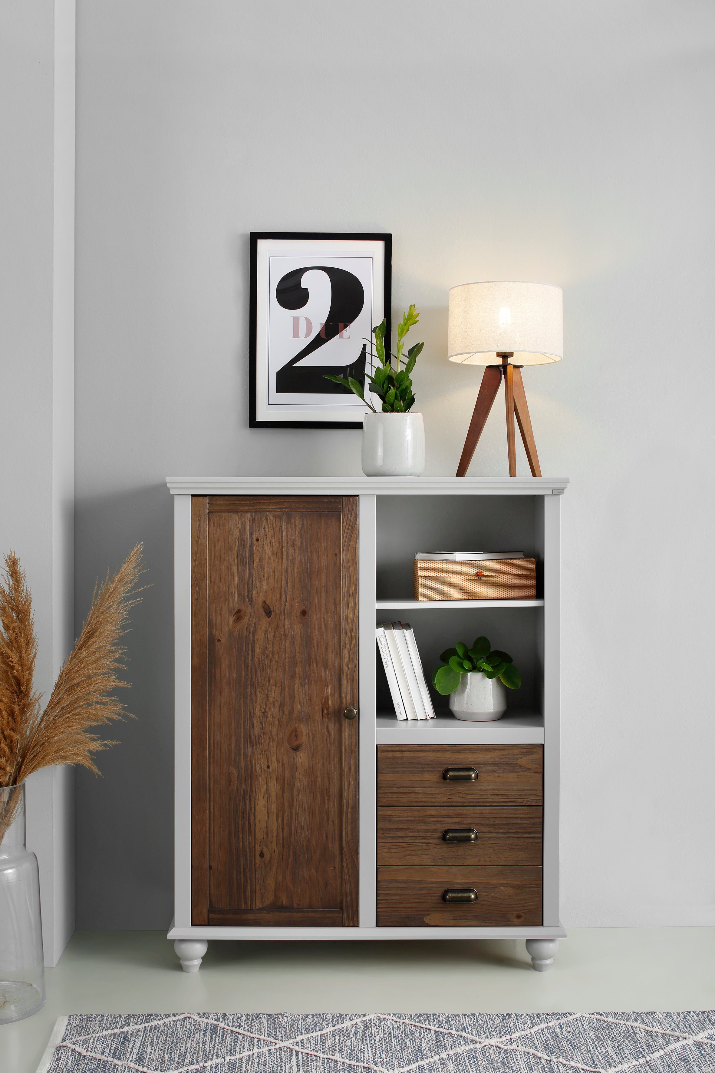 Home affaire Hoge kast Borey met 1 deur en 3 laden van massief hout, hoogte 125 cm, breedte 100 cm