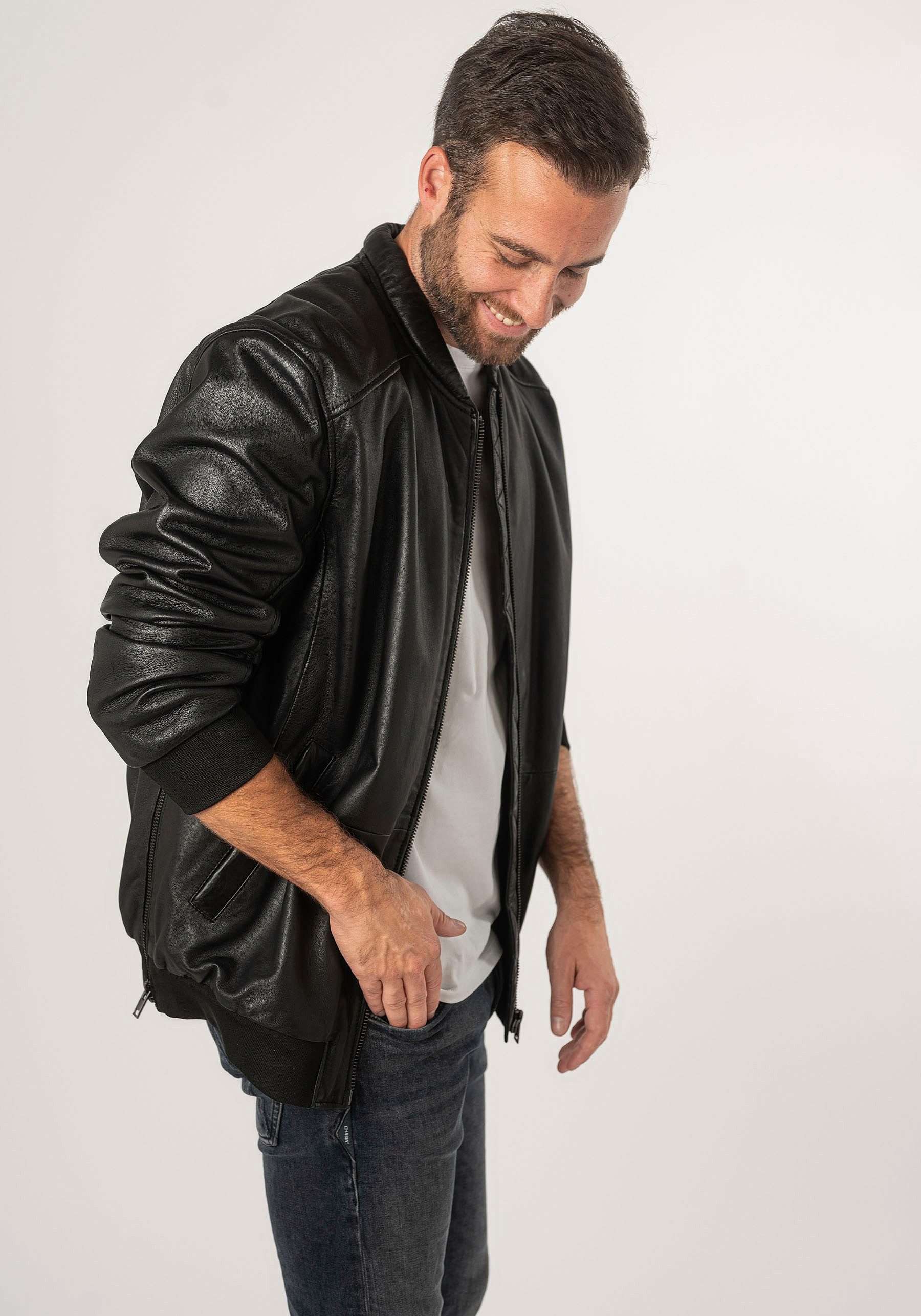 Mauritius Leren jack 2Mkaira OS met rits, gebreide boorden, mouwzak