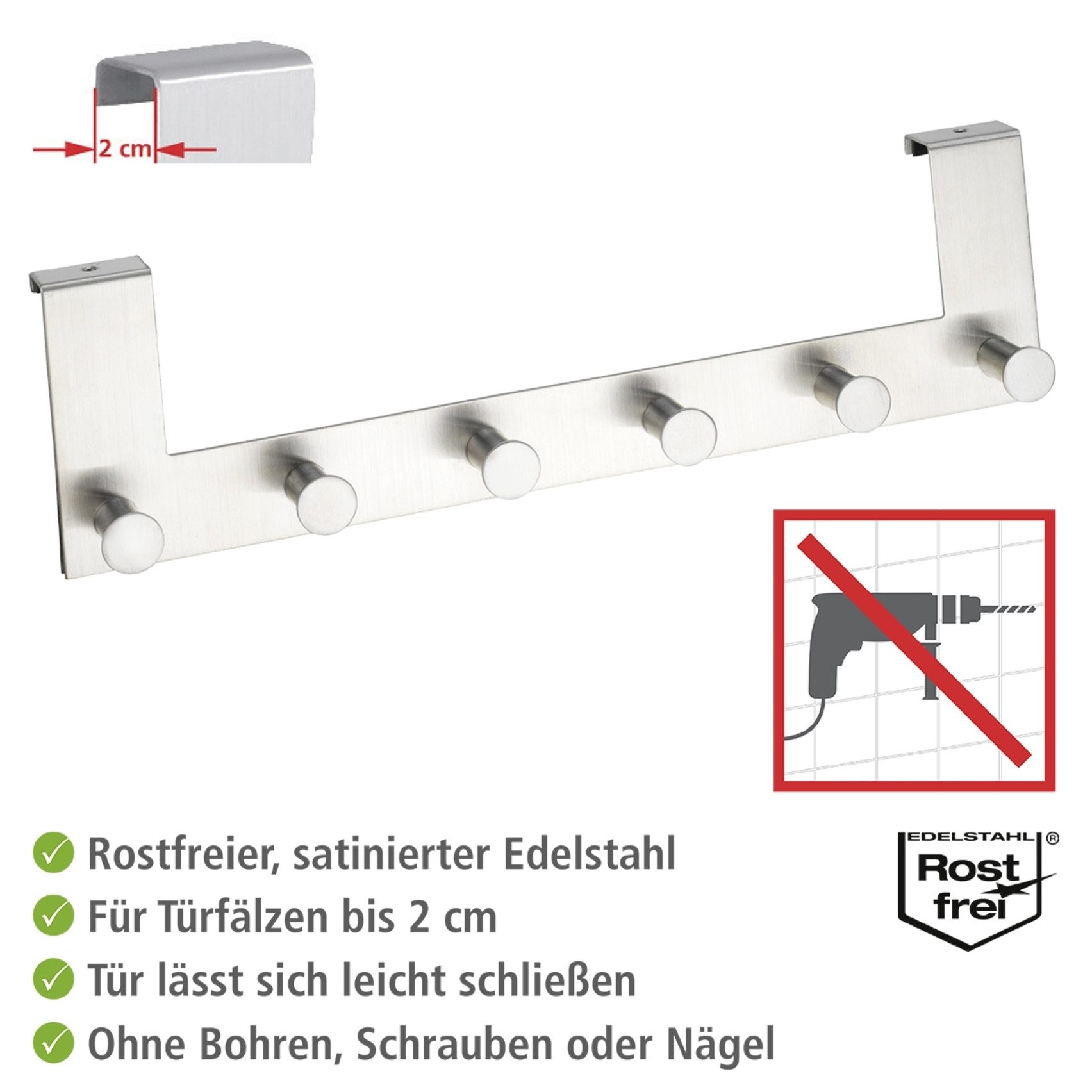WENKO Deurhaak Model Celano Deurgarderobe, haaklijst met 6 haken, voor een deurprofiel van 2 cm