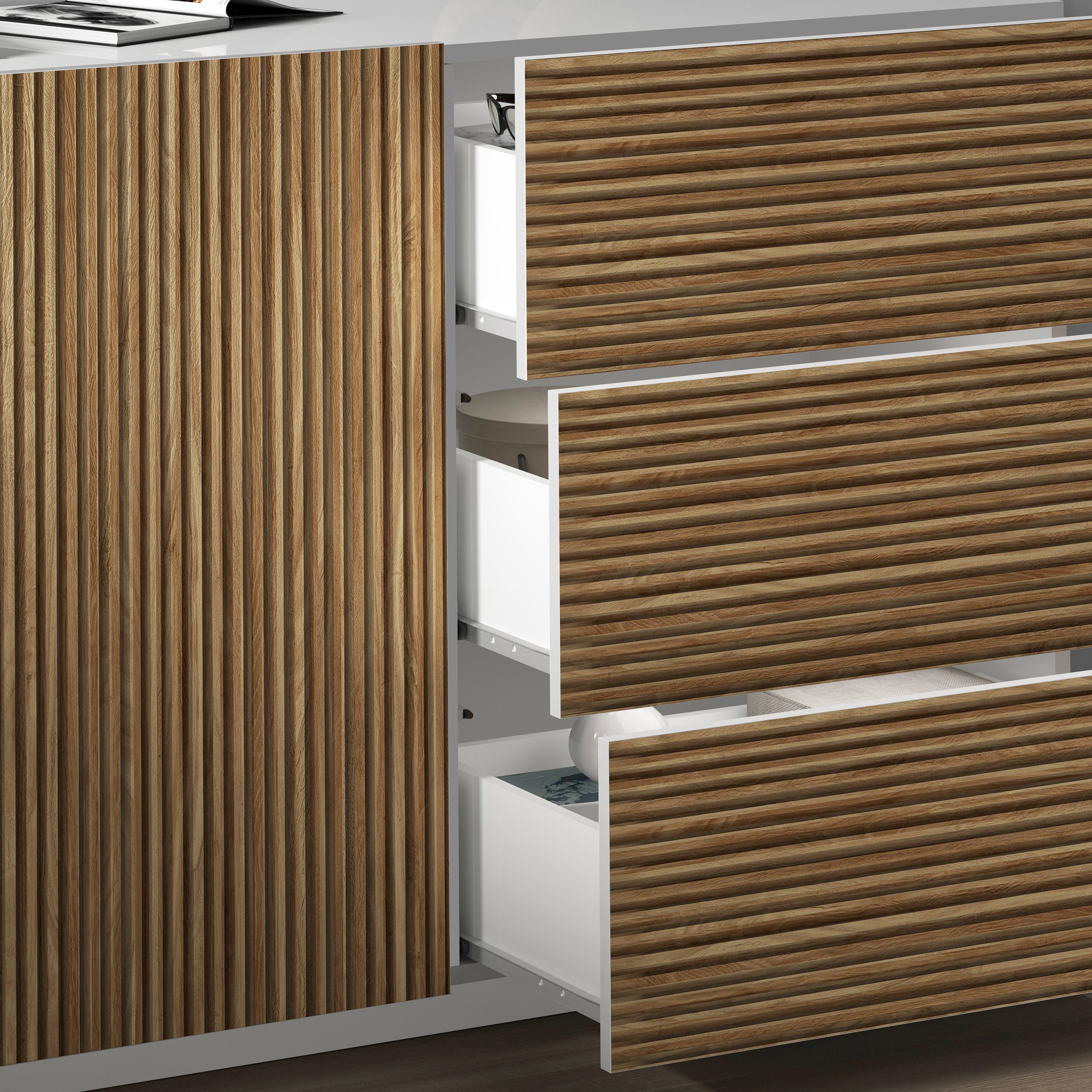 INOSIGN Dressoir Vega Sideboard, Ladekast, 180 cm met 2 deuren en 3 lades, fronten met groeflook
