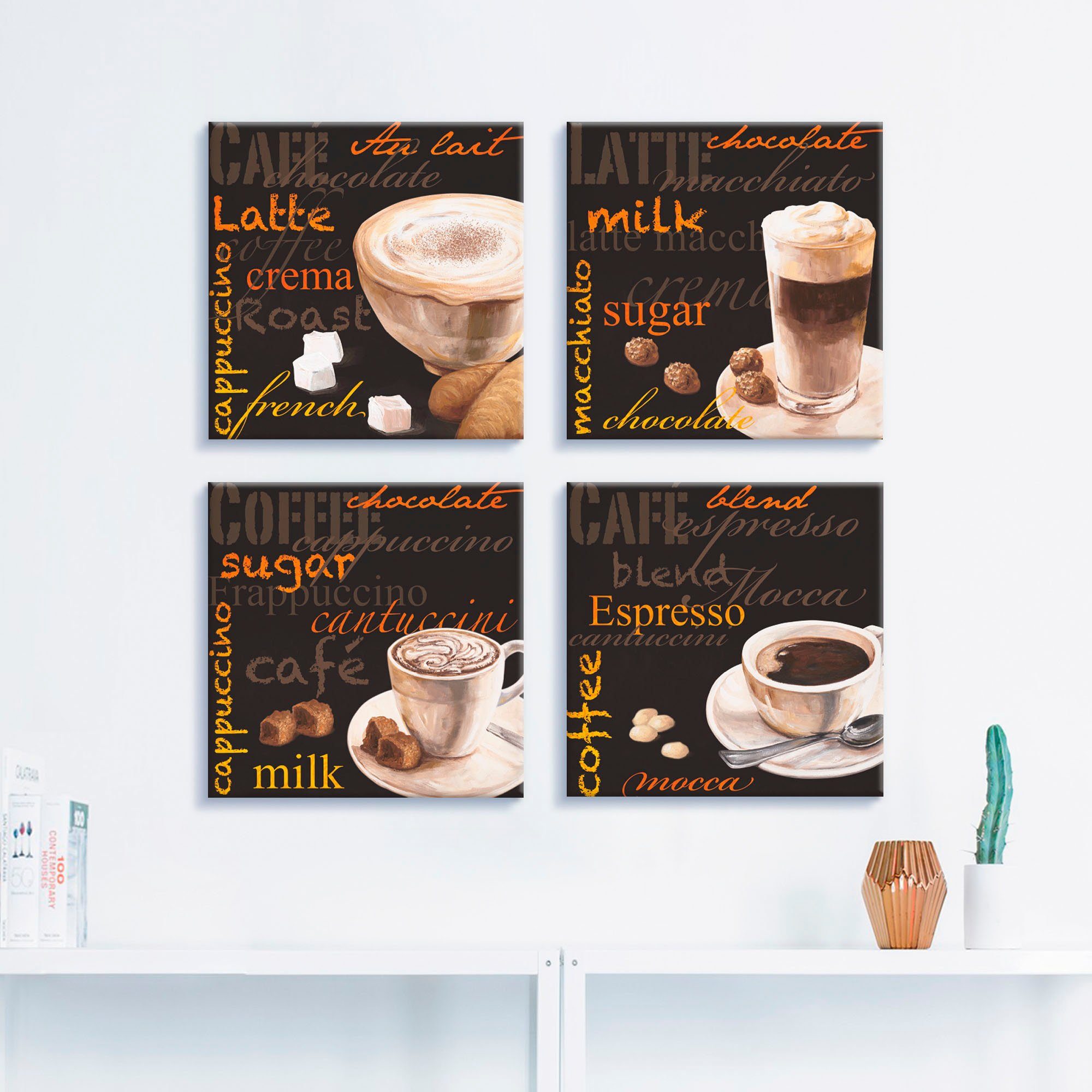 Artland Artprint op linnen Cappuccino macchiato coffee espresso (4-delig)