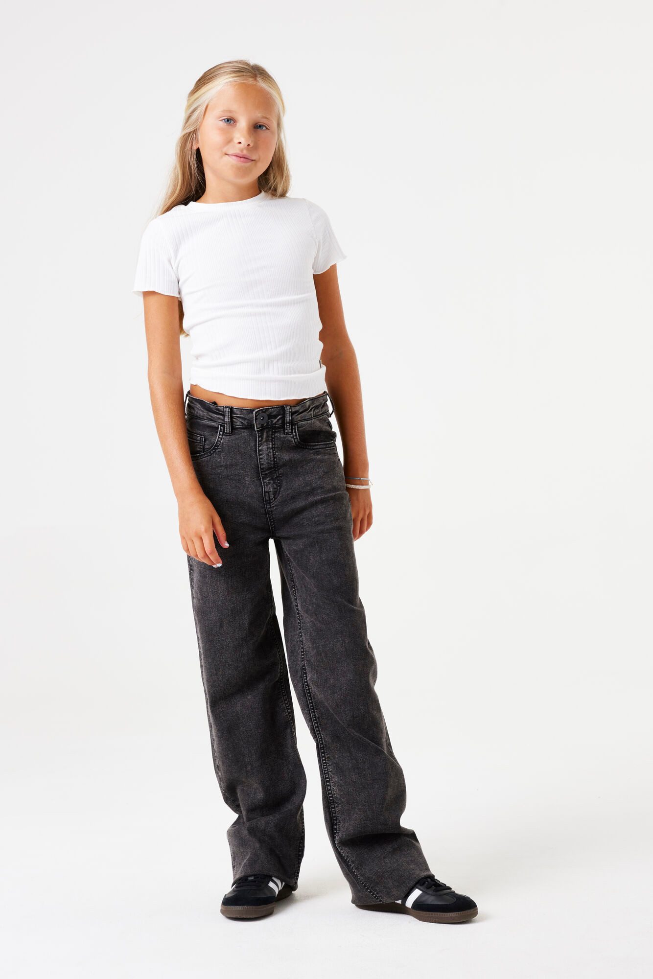 Garcia high waist straight fit jeans dark used Grijs Meisjes Stretchdenim 134