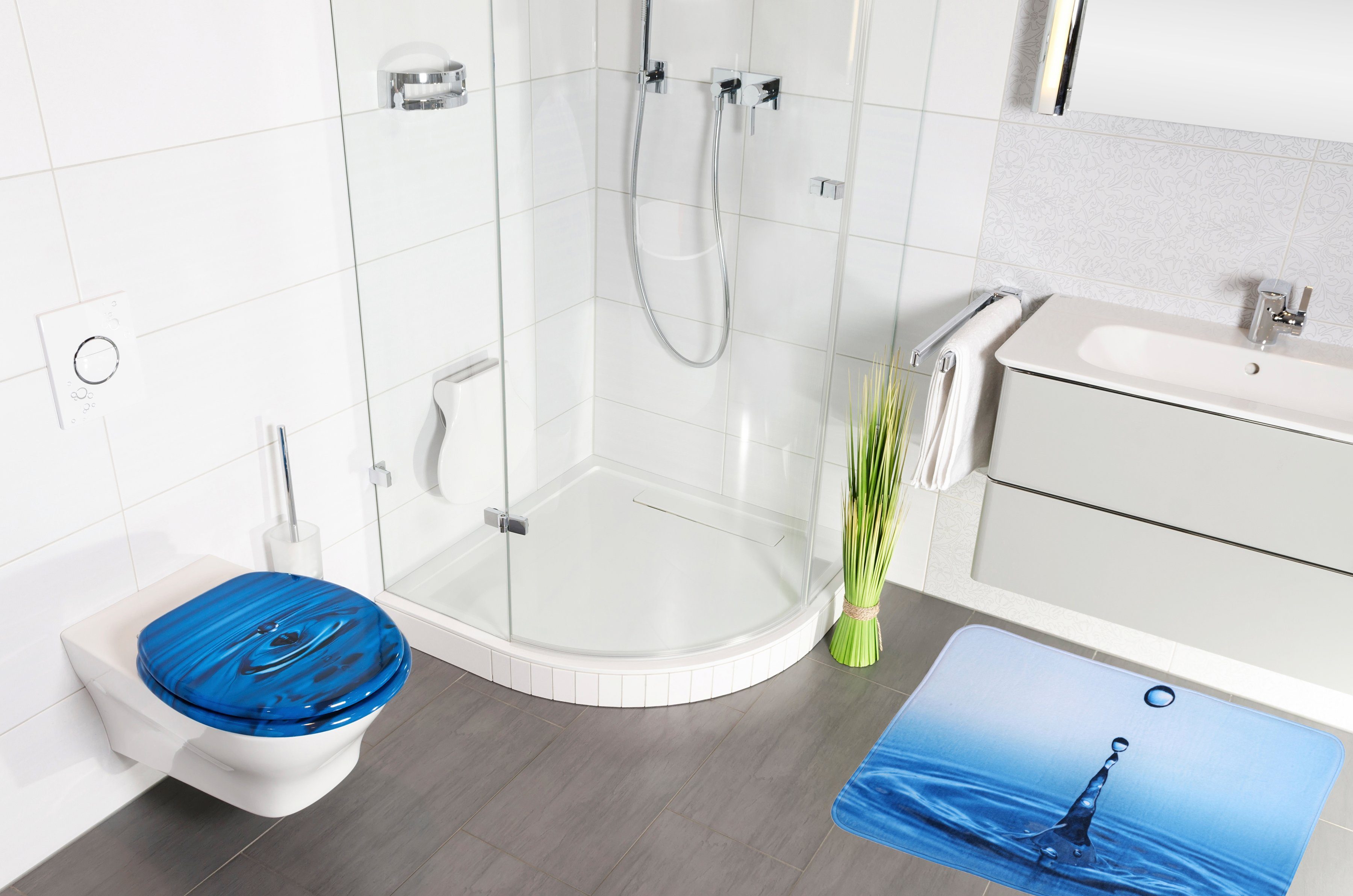 Sanilo Set badkameraccessoires Waterdruppels bestaand uit toiletzitting, badmat en wastafelplug (complete set, 3-delig)