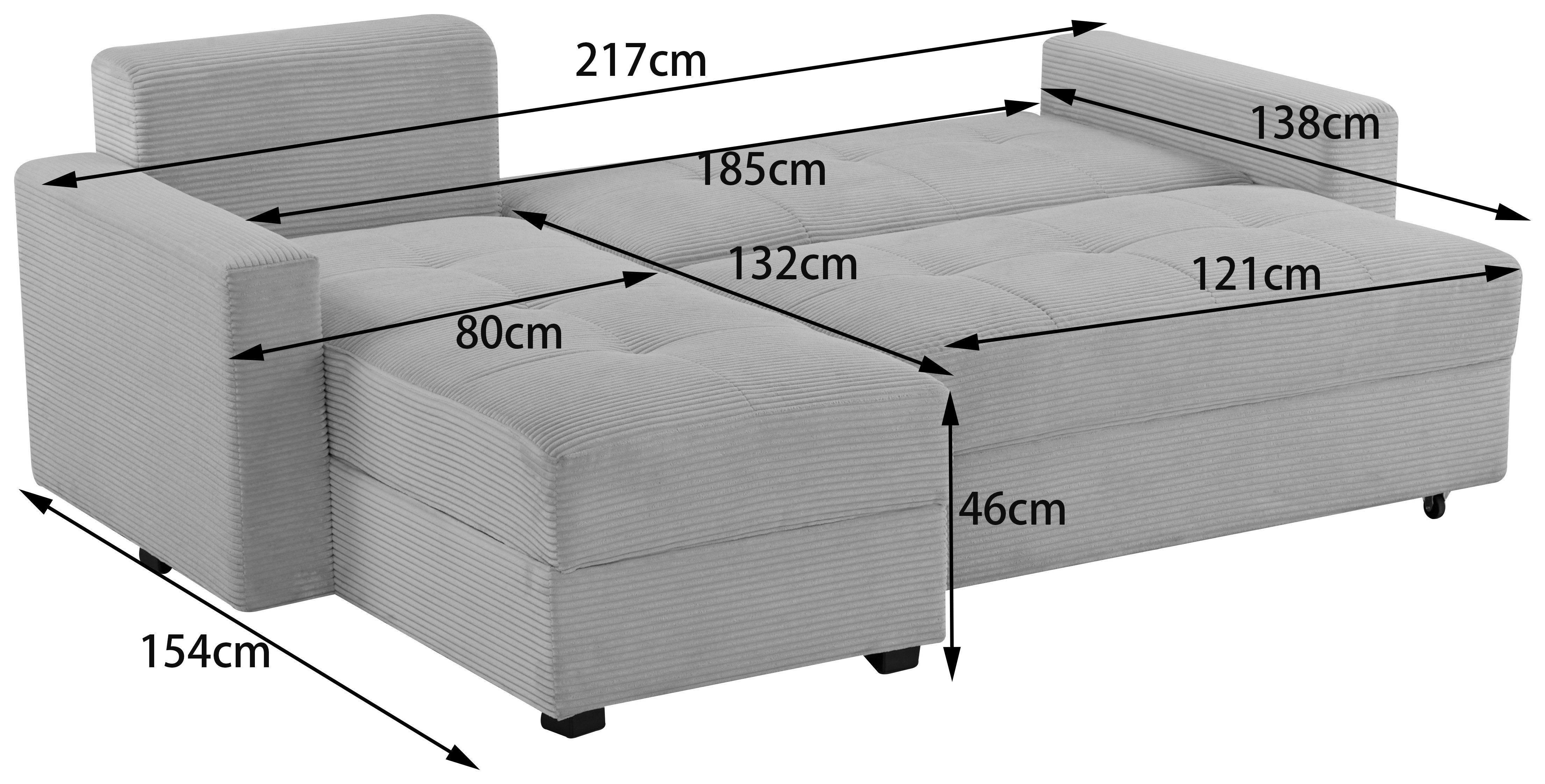 INOSIGN Hoekbank KILLAM, 217 cm, L-vorm, met slaapfunctie en bedlade Recamière rechts / links monteerbaar, in cord en geweven stof