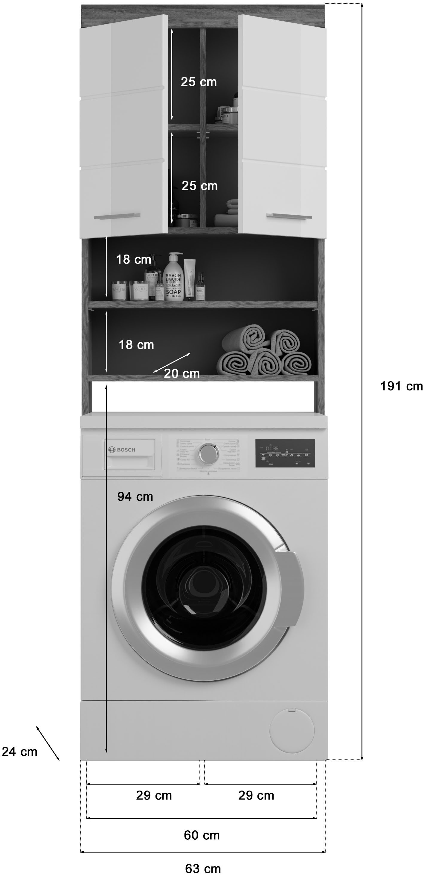 INOSIGN Badkamerserie Siena, 4-delig, bestaande uit: Hoge kast, WBU, spiegelkast, wasmachine ombouwkast (set, 4-delig)