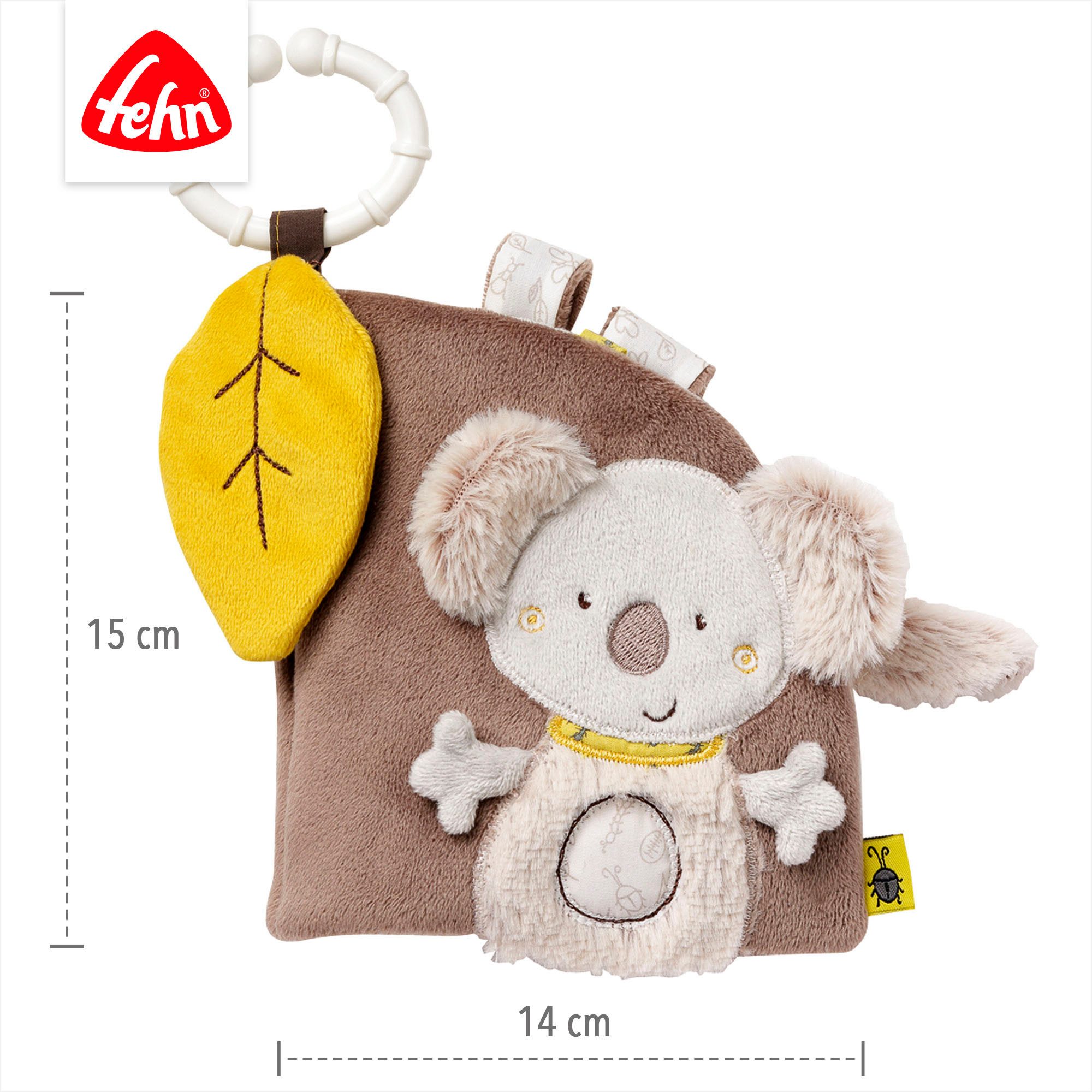 Fehn Grijpspeeltje Australië, stoffenboek met ring ter bevestiging aan kinderwagen, babyzitje of bed