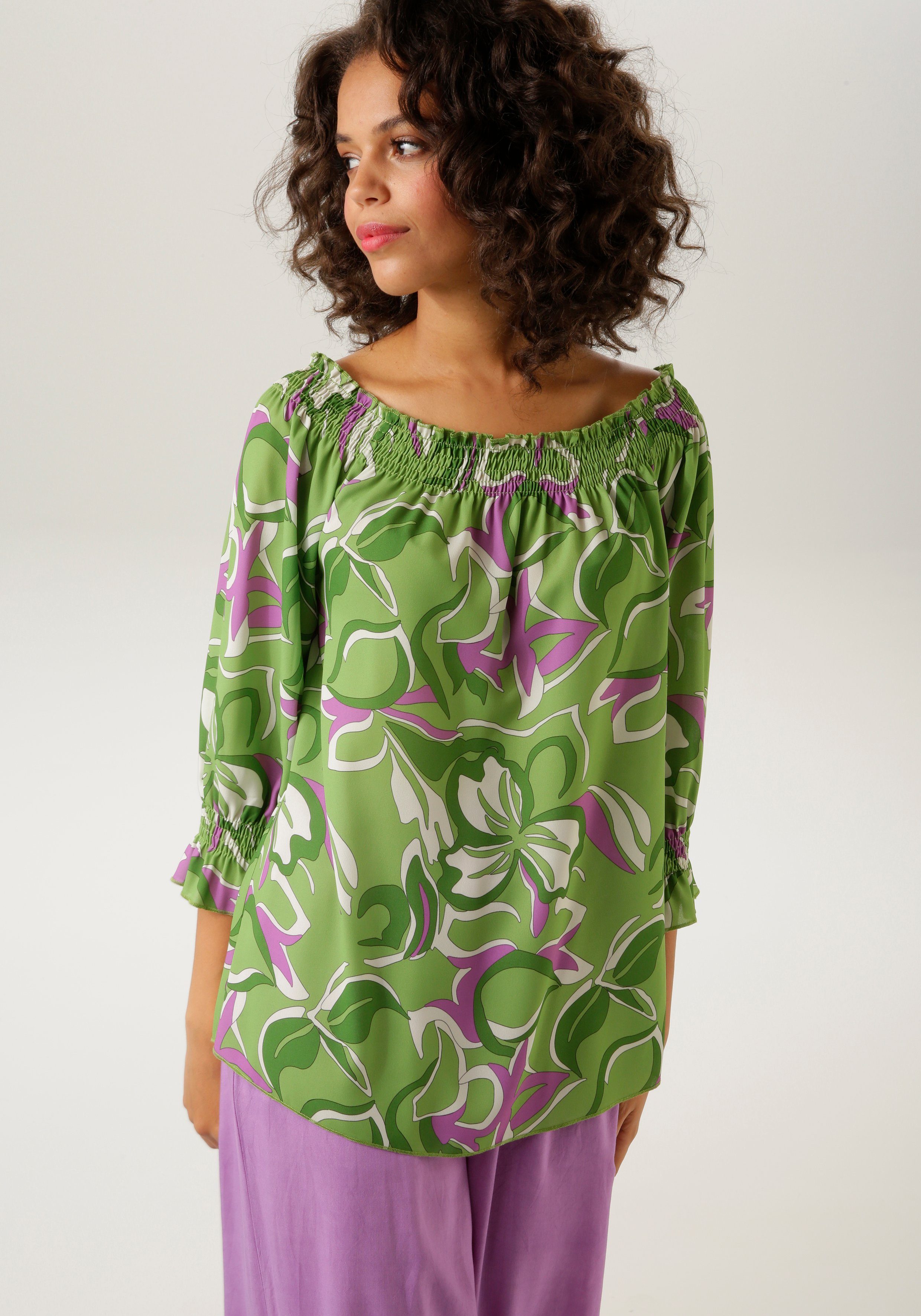 Aniston CASUAL Blouse zonder sluiting met grafische bladerenprint elk stuk is uniek