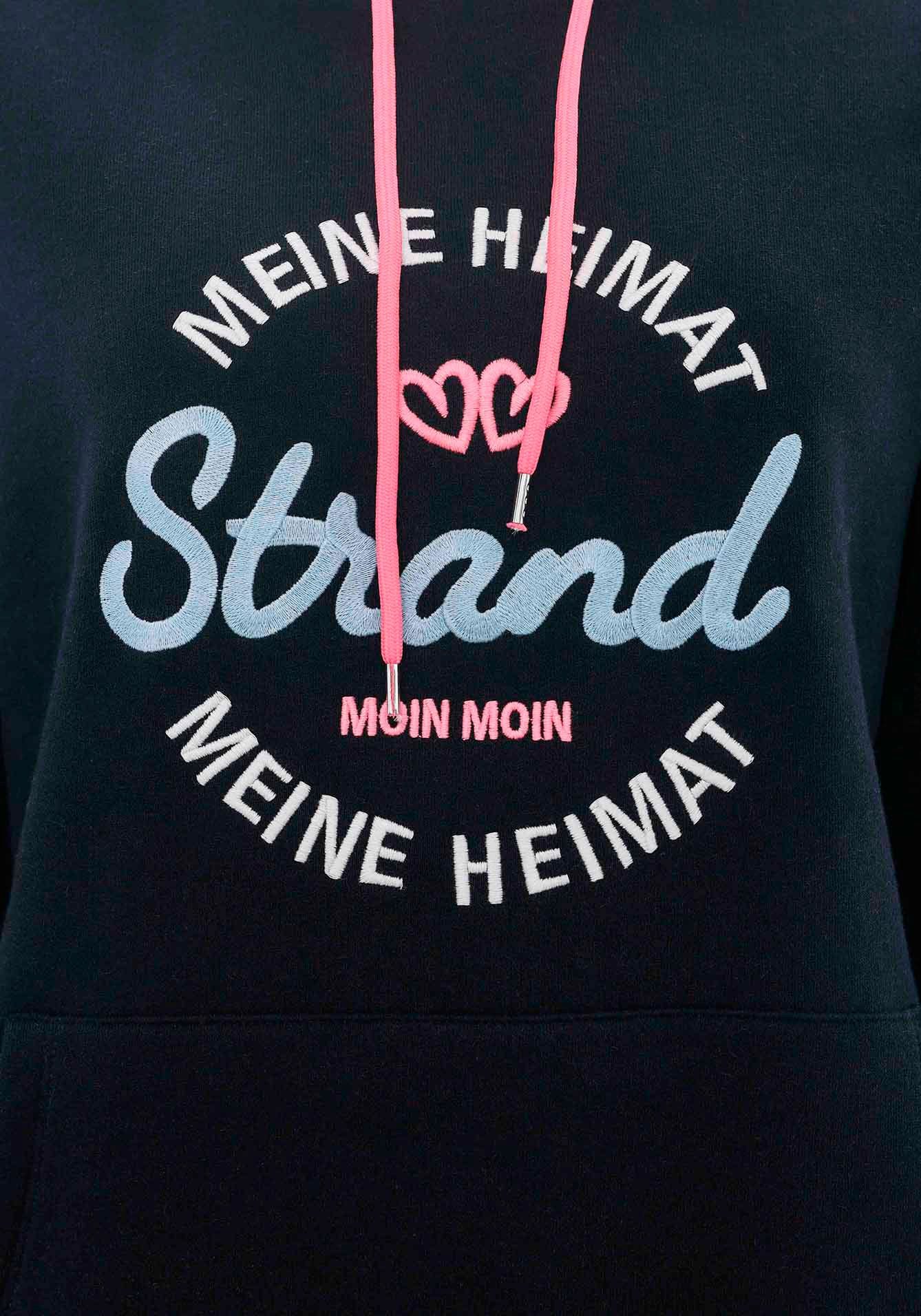 Zwillingsherz Hoodie Mijn Thuis met geborduurd "strand"-schrift op de voorkant en achterkant