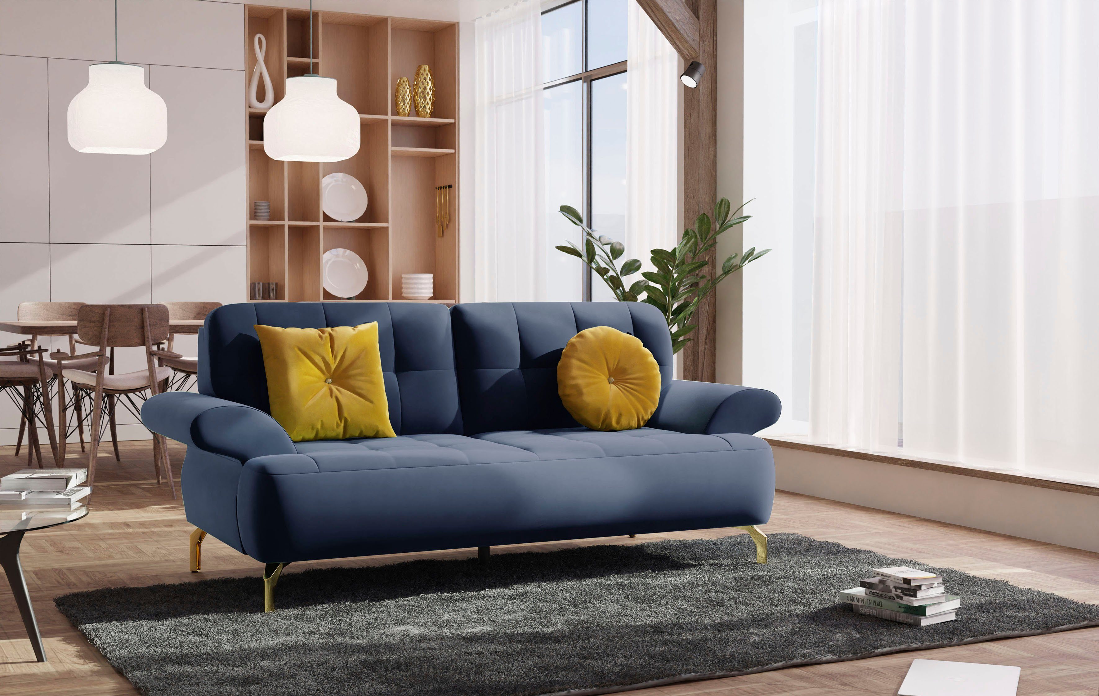 sit&more 2-zitsbank Orient 1 incl. 2 sierkussens met strassteentjes, goudkleurige metalen poten blauw, 2-zitsbanken