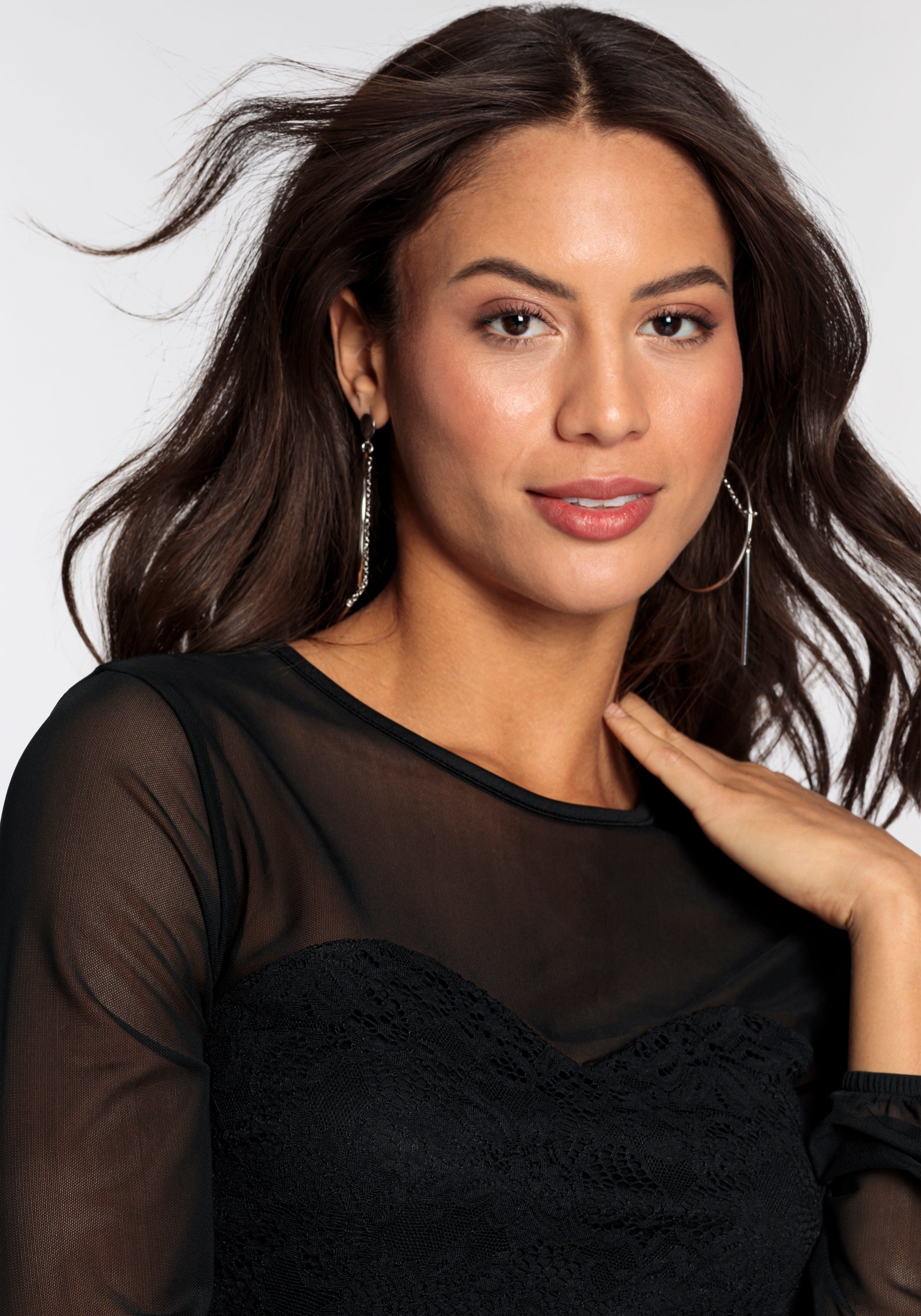 Melrose Shirt met lange mouwen getailleerde pasvorm, van netstof, met viscose voering, met kant