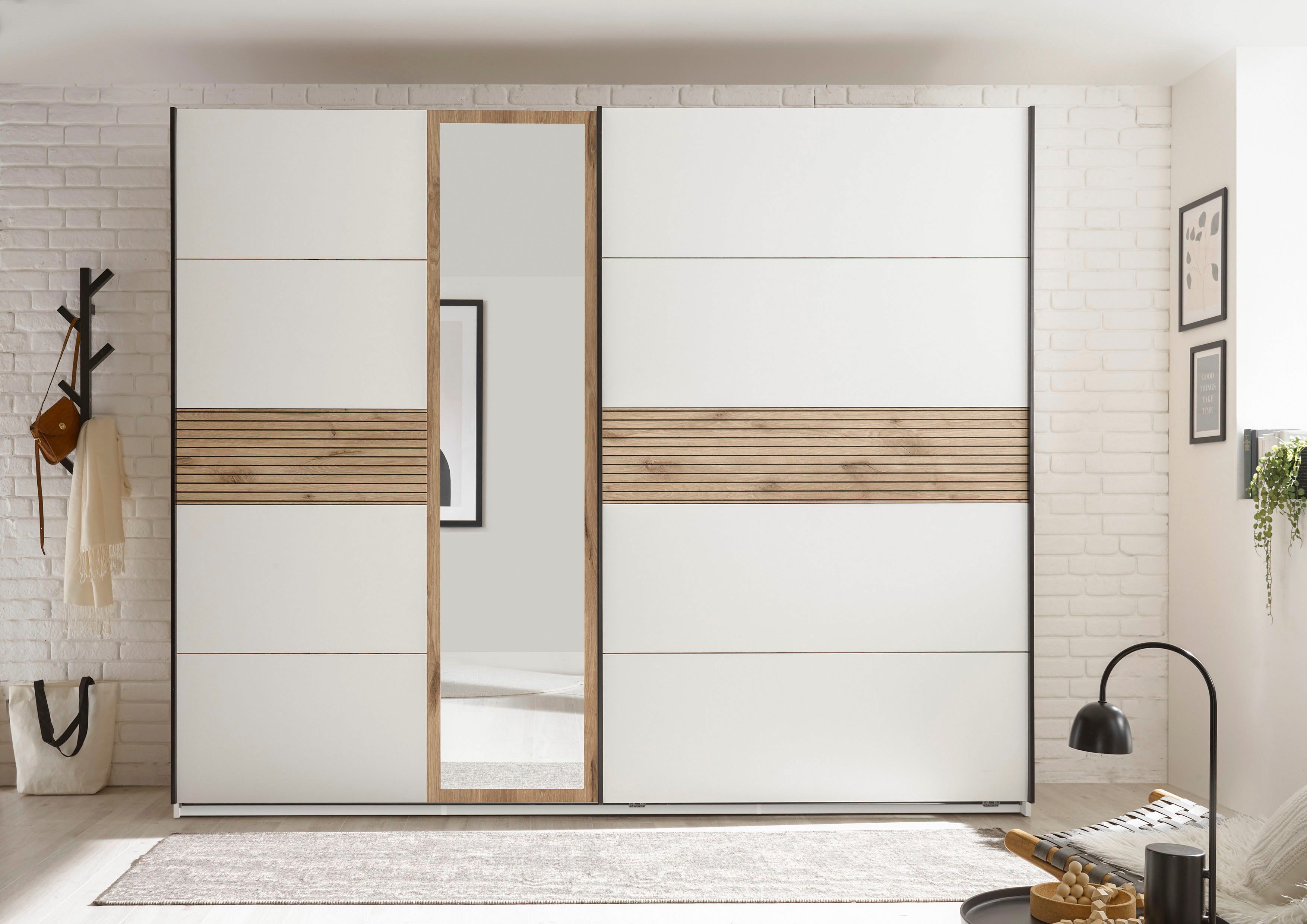 Schlafkontor Kledingkast Leo zweefdeurkast, schuifdeurkast met spiegel Accent in Viking Oak lichte ribbelstructuur en spiegel kledingkasten wit