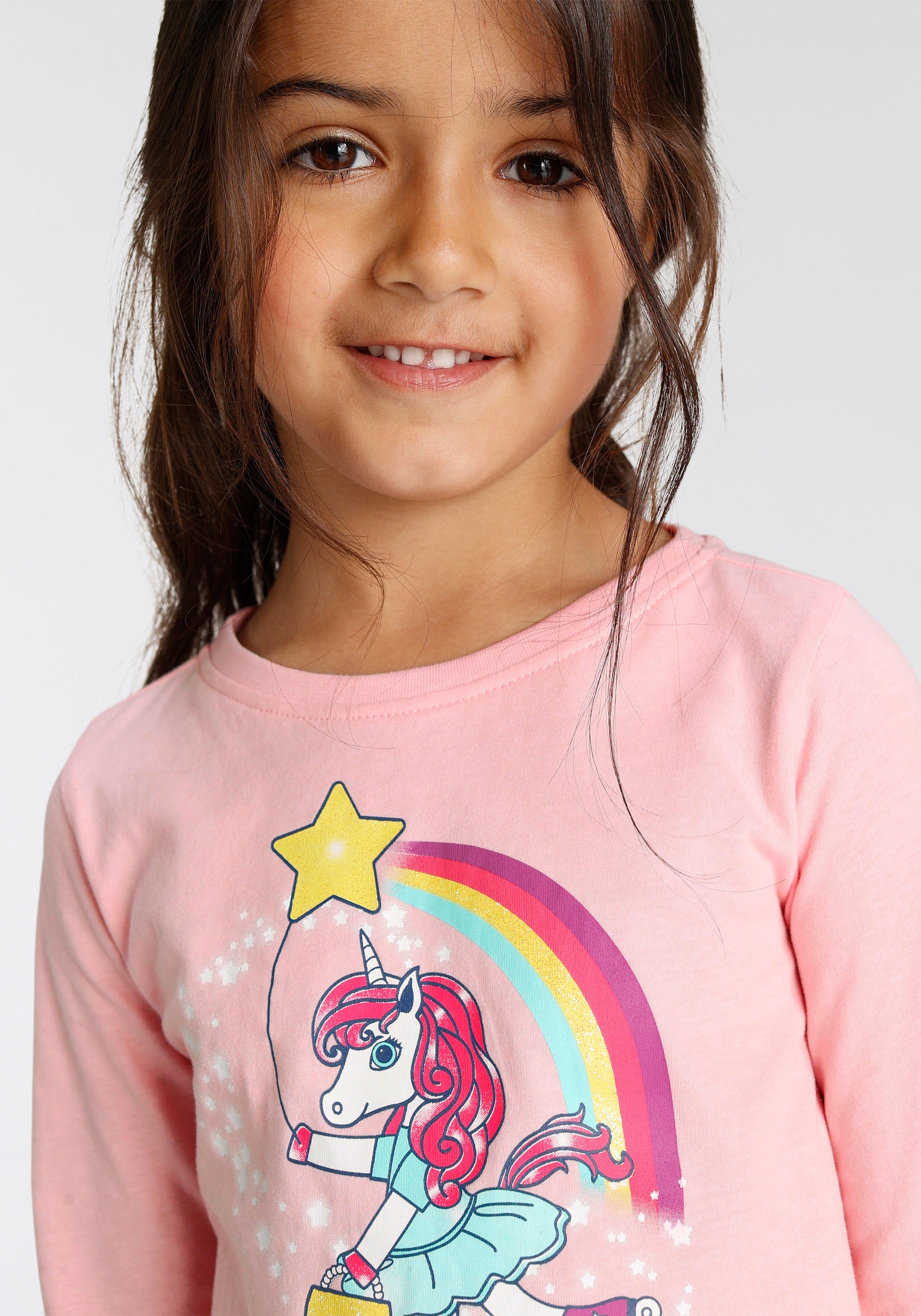 KIDSWORLD Shirt met lange mouwen Eenhoorn op skateschoenen Lange mouwen, basic pasvorm, met stijlvolle print en glinsterende print