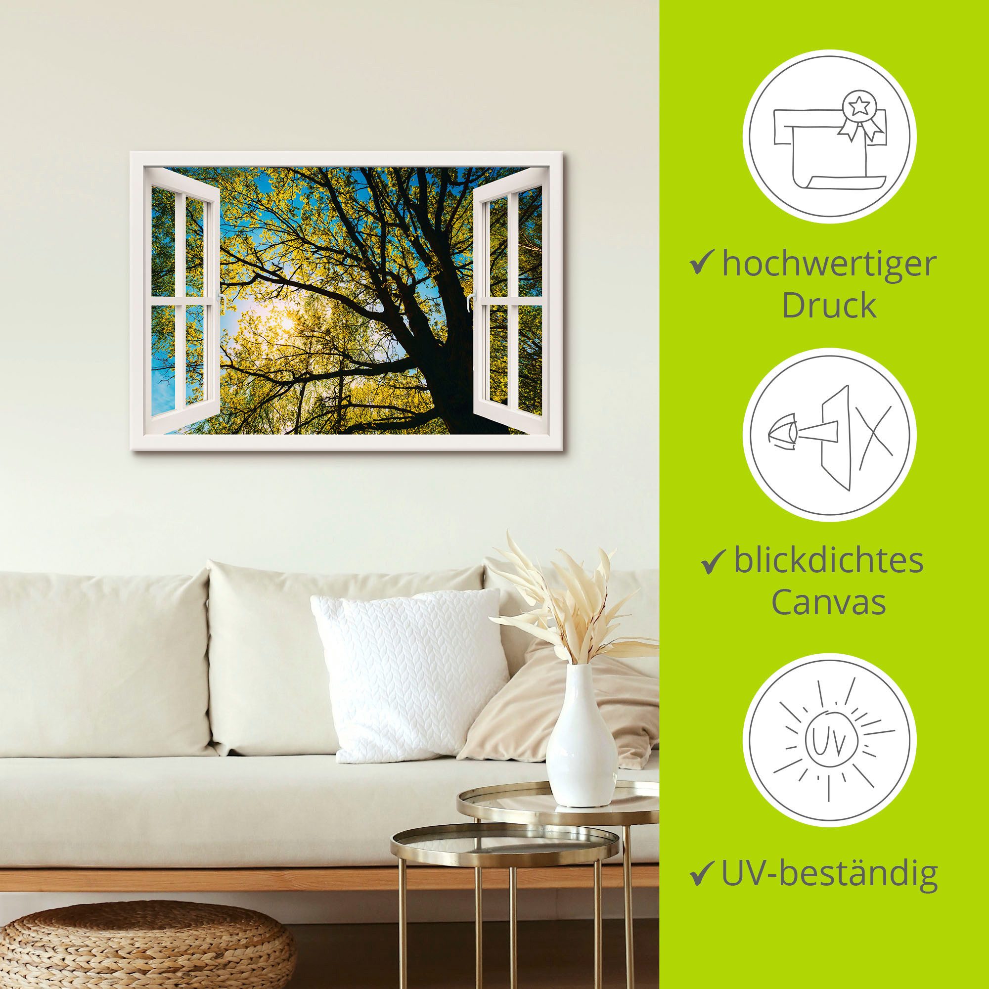 Artland Artprint Blik uit het venster lentezon boomkruin als artprint op linnen, poster in verschillende formaten maten