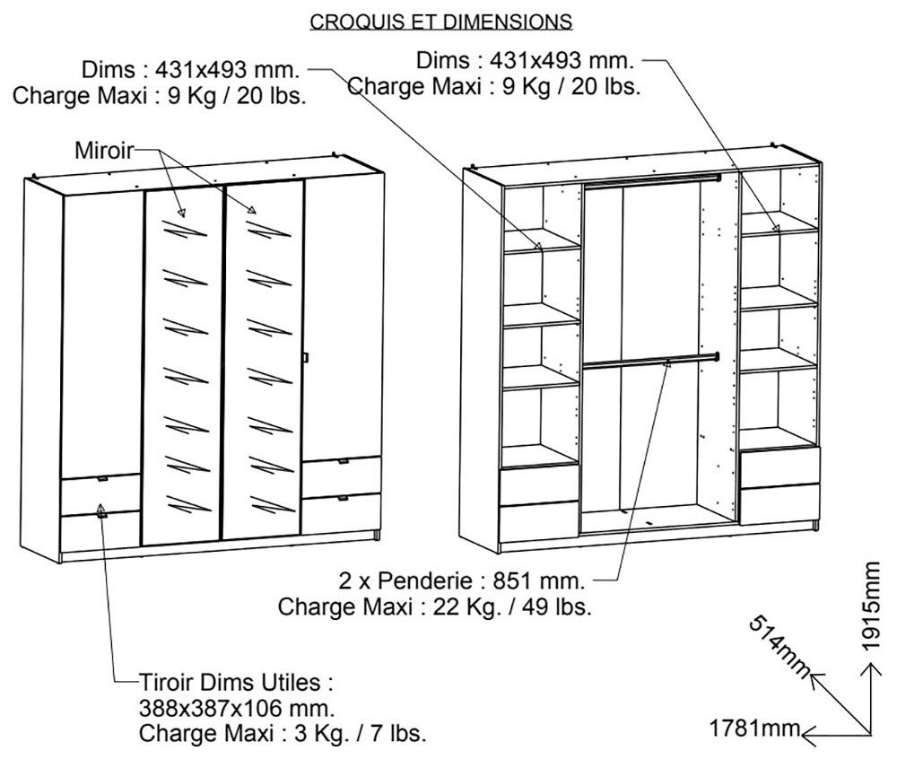 Demeyere GROUP Kledingkast Mellie, 2 spiegels, 4 lades, 36 planken, 2 kledingstangen