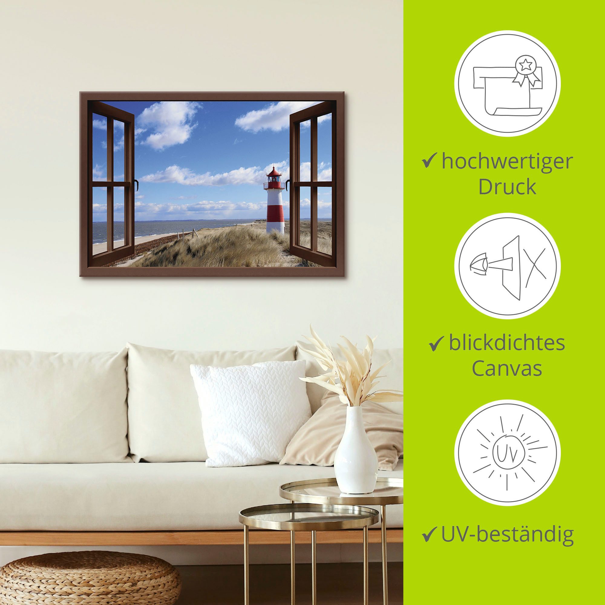 Artland Artprint Blik uit het venster - vuurtoren Sylt als artprint op linnen, poster in verschillende formaten maten