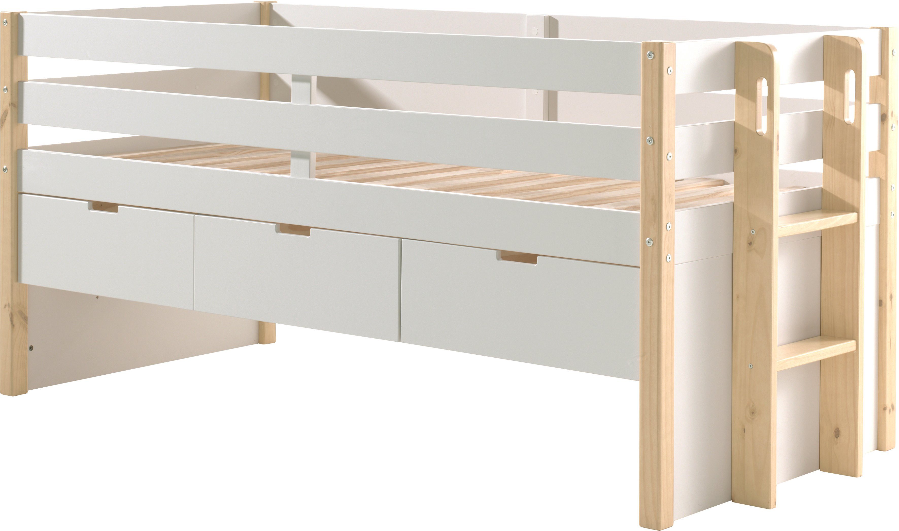 Vipack Hoogslaper Valbeveiliging, ligoppervlak 90x200 cm, lattenrol, uitvoering wit/naturel