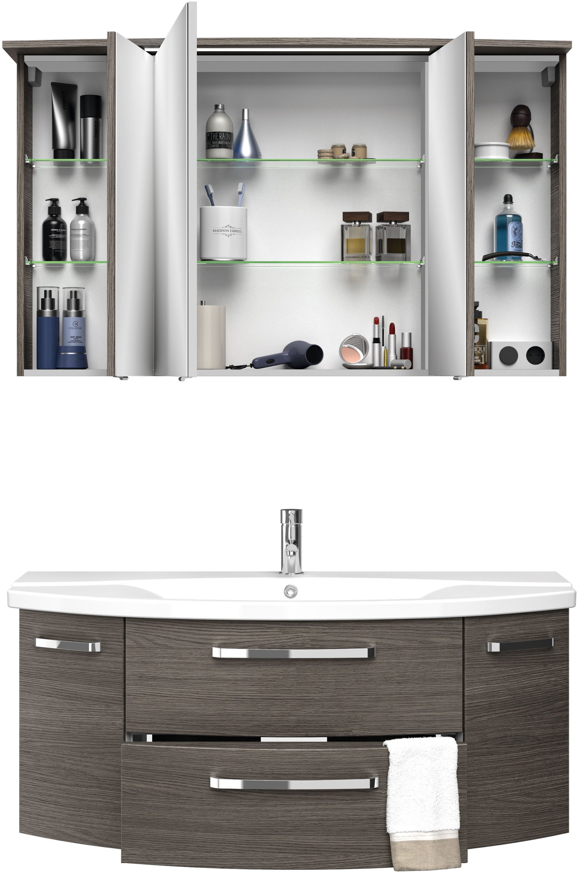 Saphir Badmeubelset Serie 4010 2-delig keramische wastafel met LED-spiegelkast Badkamer set 122 cm breed, incl. deurdemper, 5 deuren, 2 lades (set)