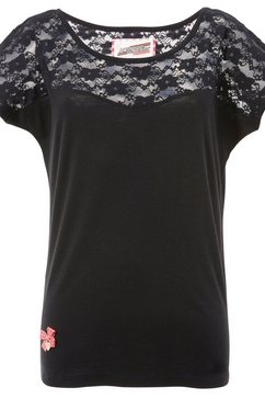 andreas gabalier kollektion folkloreshirt dames met een kanten inzet en glitterprint achter zwart