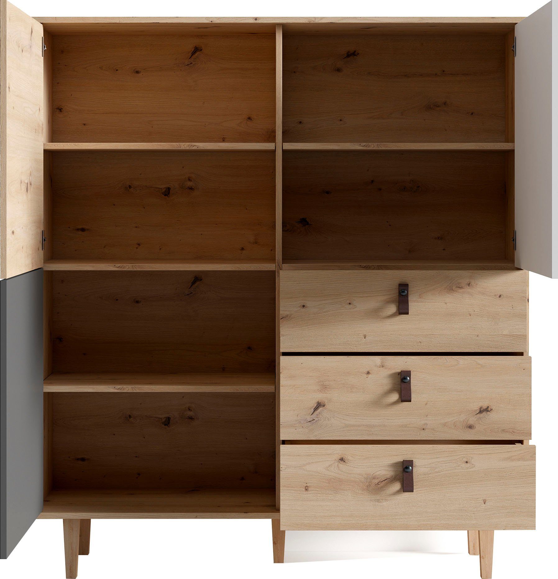 INOSIGN Highboard Bill, met drie lades en drie deuren, 120 cm breed met verstelbare legplanken, massieve houten poten