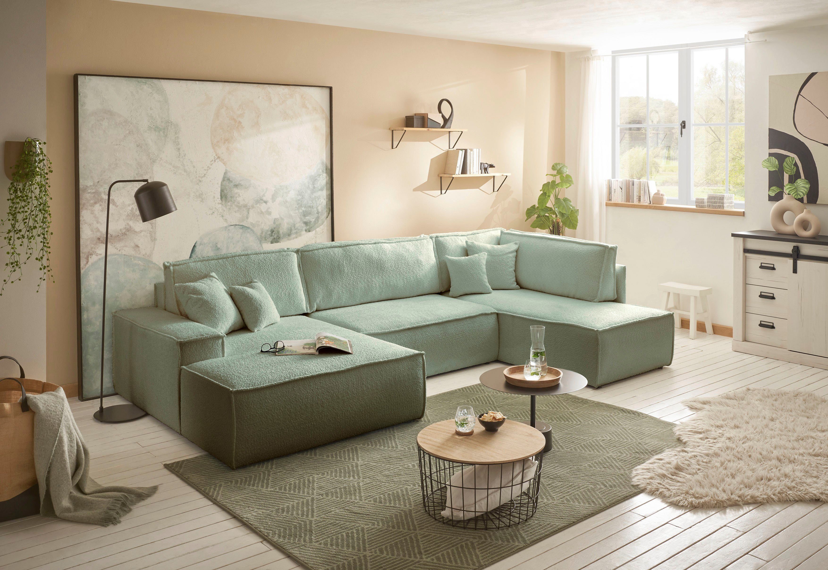 andas Zithoek FINNLEY U-model XXL 329 cm, bedbank, slaapfunctie m. bedkist