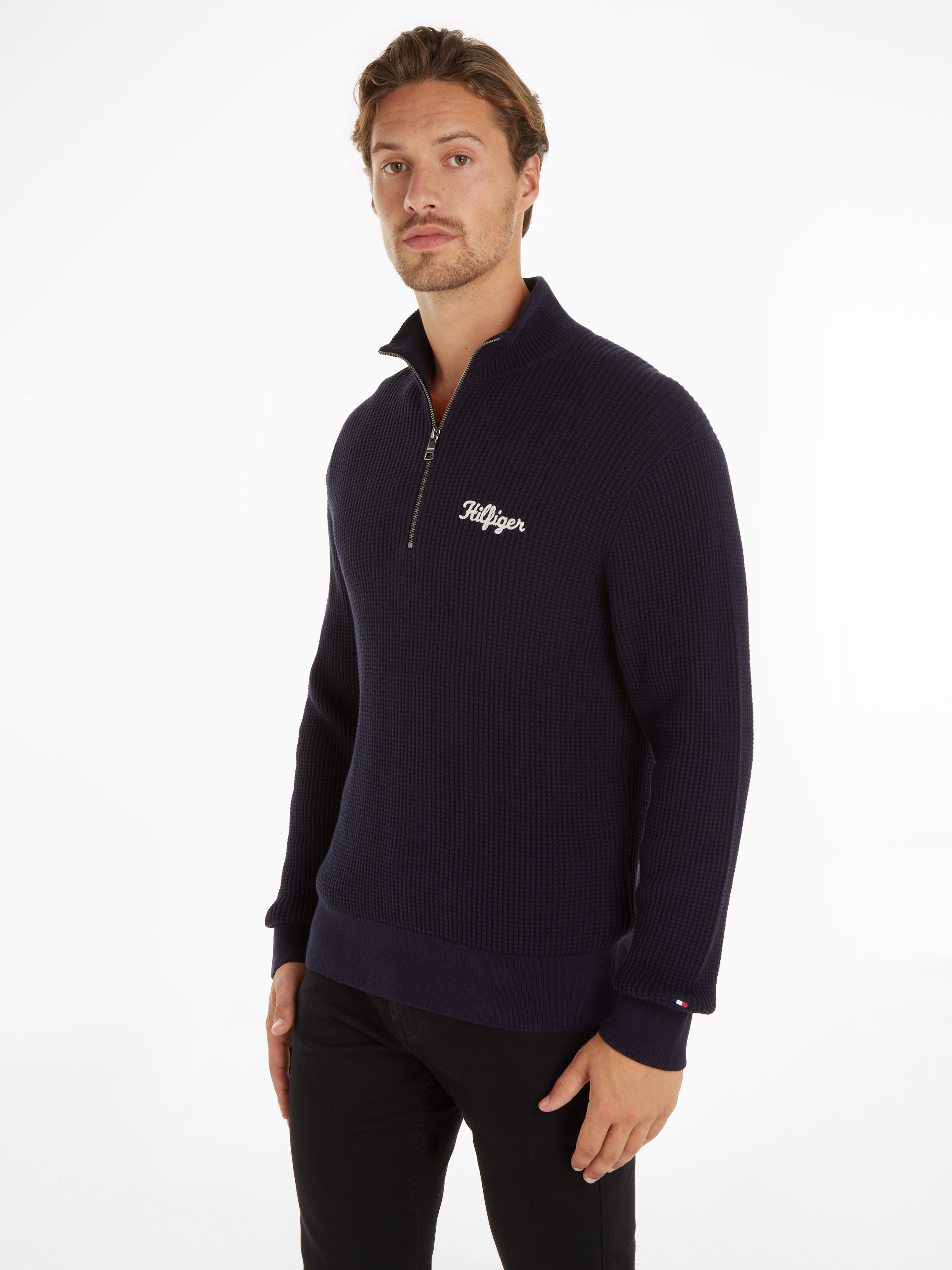 Tommy Hilfiger Trui met ronde hals HILFIGER GRAPHIC WAFFLE ZIP MOCK heren pullovers maat XXXL blauw