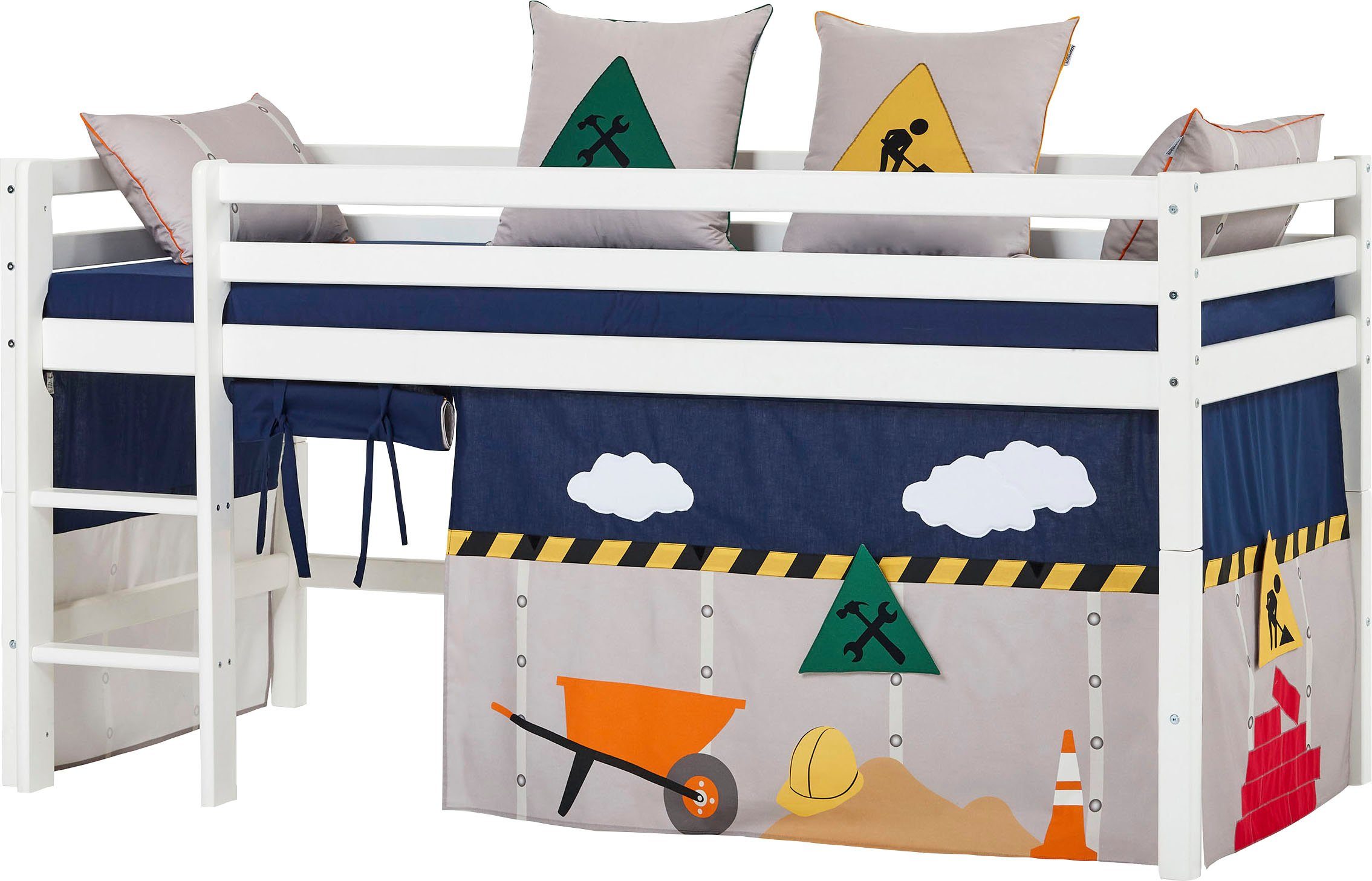 Hoppekids Hoogslaper "Construction" met wegwerkzaamheden-gordijn matras 2 maten hoogslapers wit