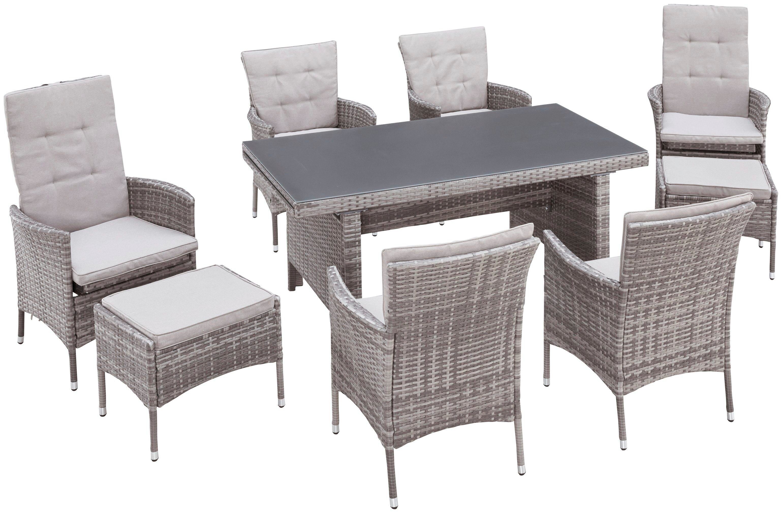 KONIFERA Tuin-eethoek Parla 2 van de 6 stoelen zijn verstelbaar, grijs, tafelblad van veiligheidsglas (set, 21-delig)