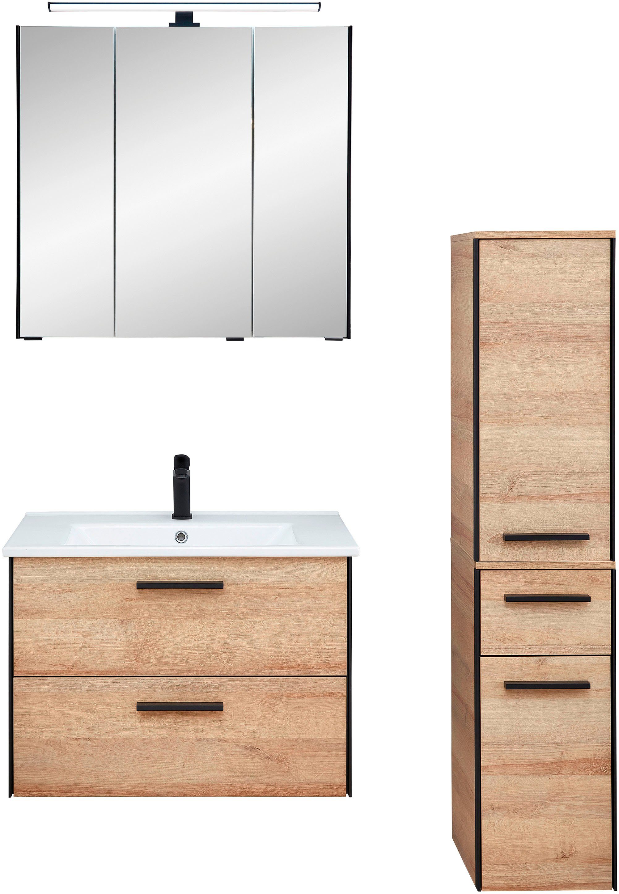 Saphir Badkamerserie Quickset 395 3-delig, keramieken wastafel met led-spiegelkast Halfhoge kast, inclusief deurdemper, 5 deuren, 3 laden,