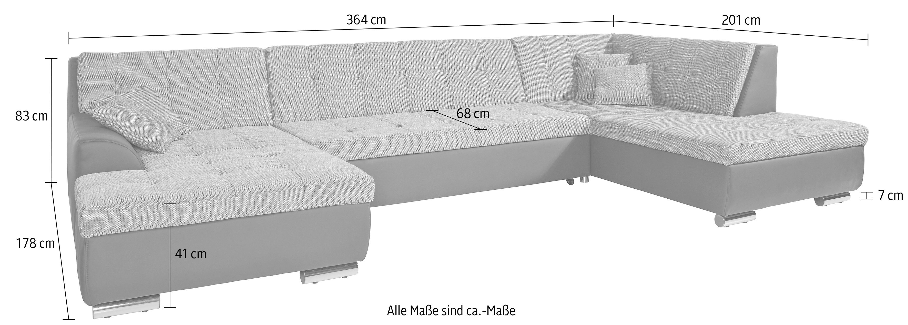 DOMO collection Zithoek Treviso inclusief sierkussen, moderne stiksels, XXL: B/D/H: 364/201/83 cm naar keuze met slaapfunctie, in vele soorten bekleding ook in cord u-model
