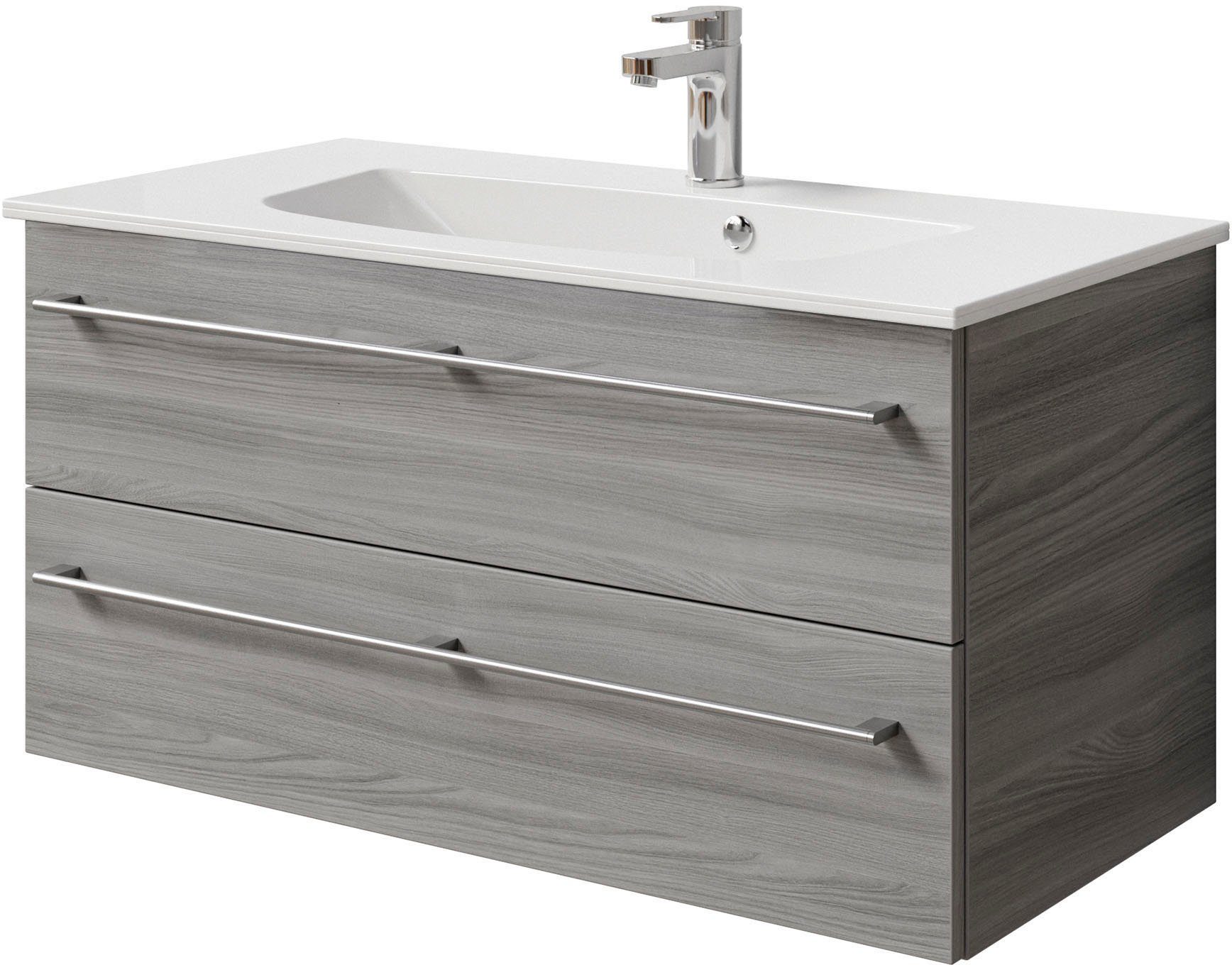 Saphir Wastafelonderkast Serie 6025 mineraalmarmeren wastafel met onderkast, 97 cm breed (2-delig) wastafelmeubels grijs