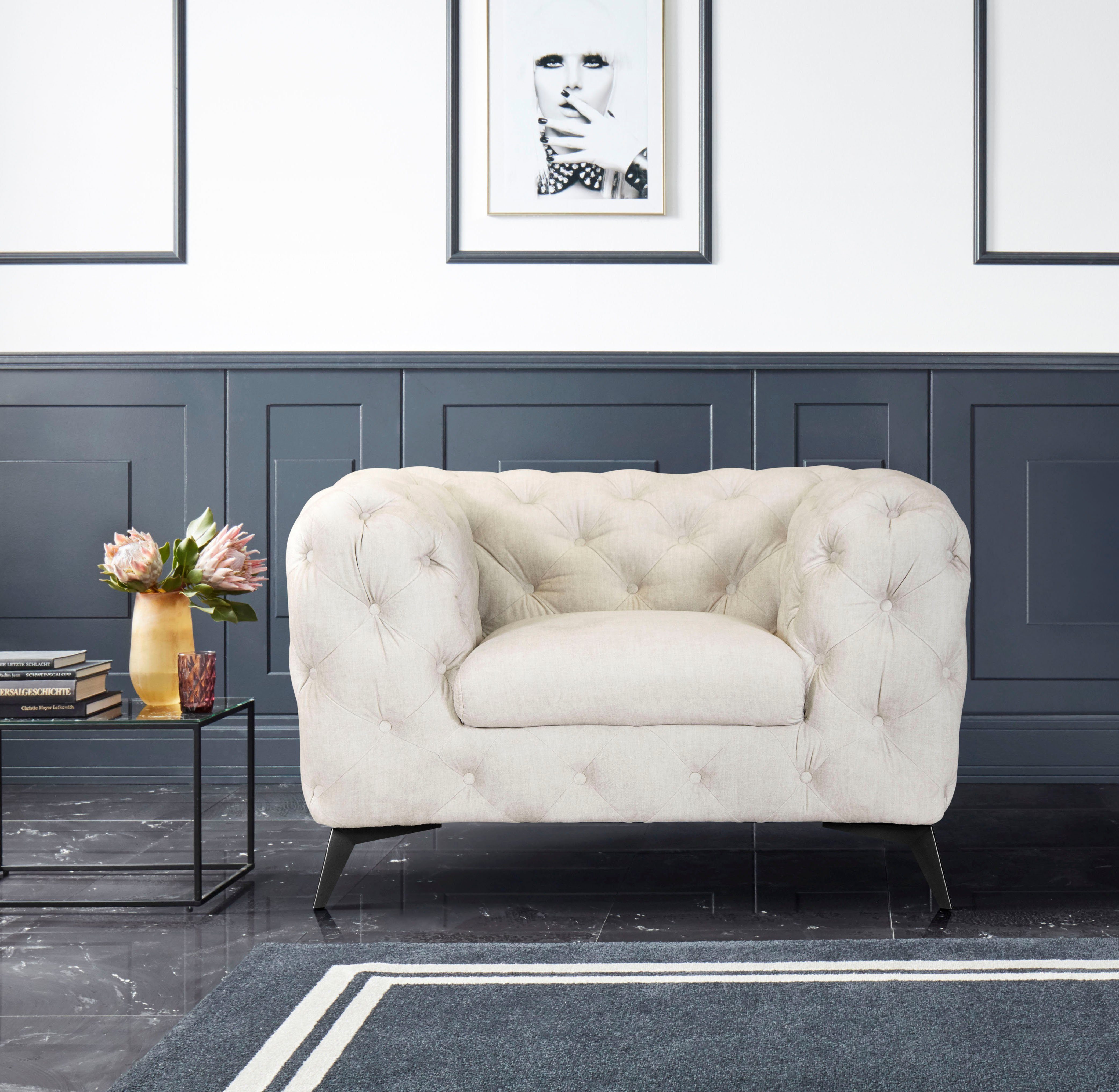 Leonique Chesterfield-fauteuil Glynis Fauteuil luxueuze capitonnage, moderne chesterfield look, kleur van de poten ter keuze