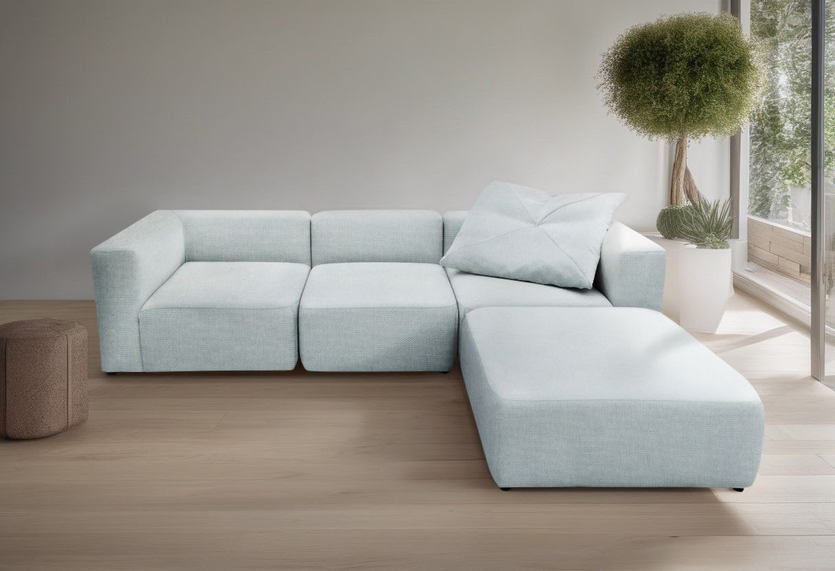 andas 3-zitsbank Utvik kan individueel worden samengesteld Modulsofa, bestaande uit 2 hoekelementen, 1 middenstuk en 1 poef blauw, 3-zitsbanken, 301