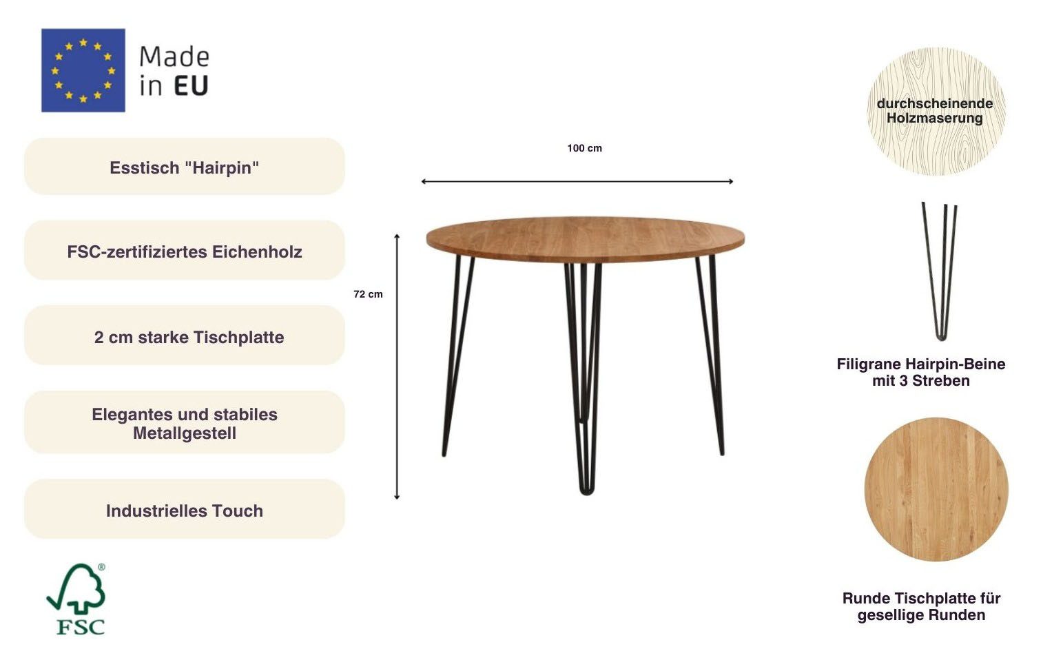 Home affaire Eettafel Hairpin Houten tafel van eikenhout, met metalen poten, breedte 100 cm