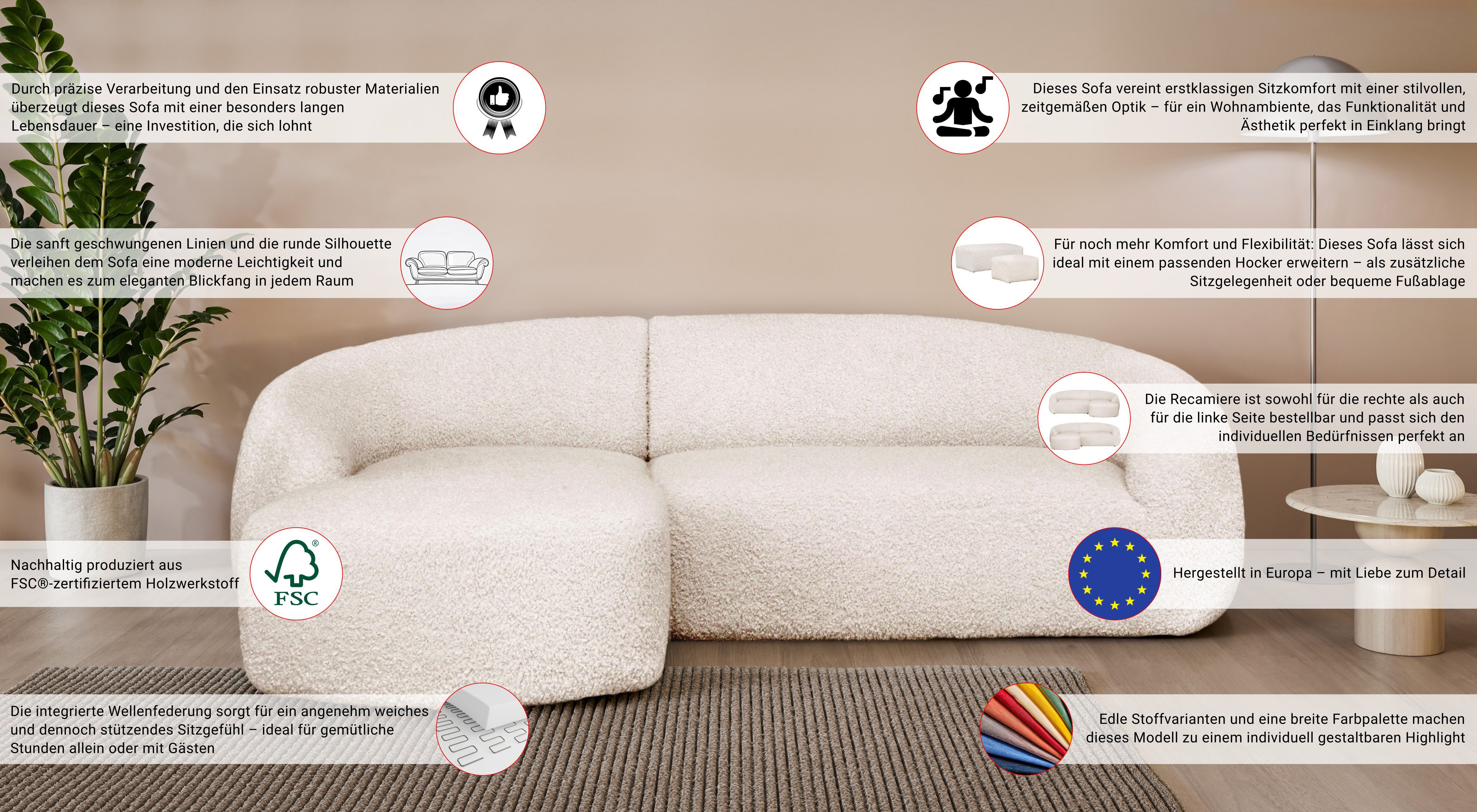 LeGer Home by Lena Gercke Hoekbank YANI, L-Form, Designersofa, organische Form, Maße B/T/H: 255/170/81 cm met golfondersteuning, ook in bouclé, recamiere rechts/links