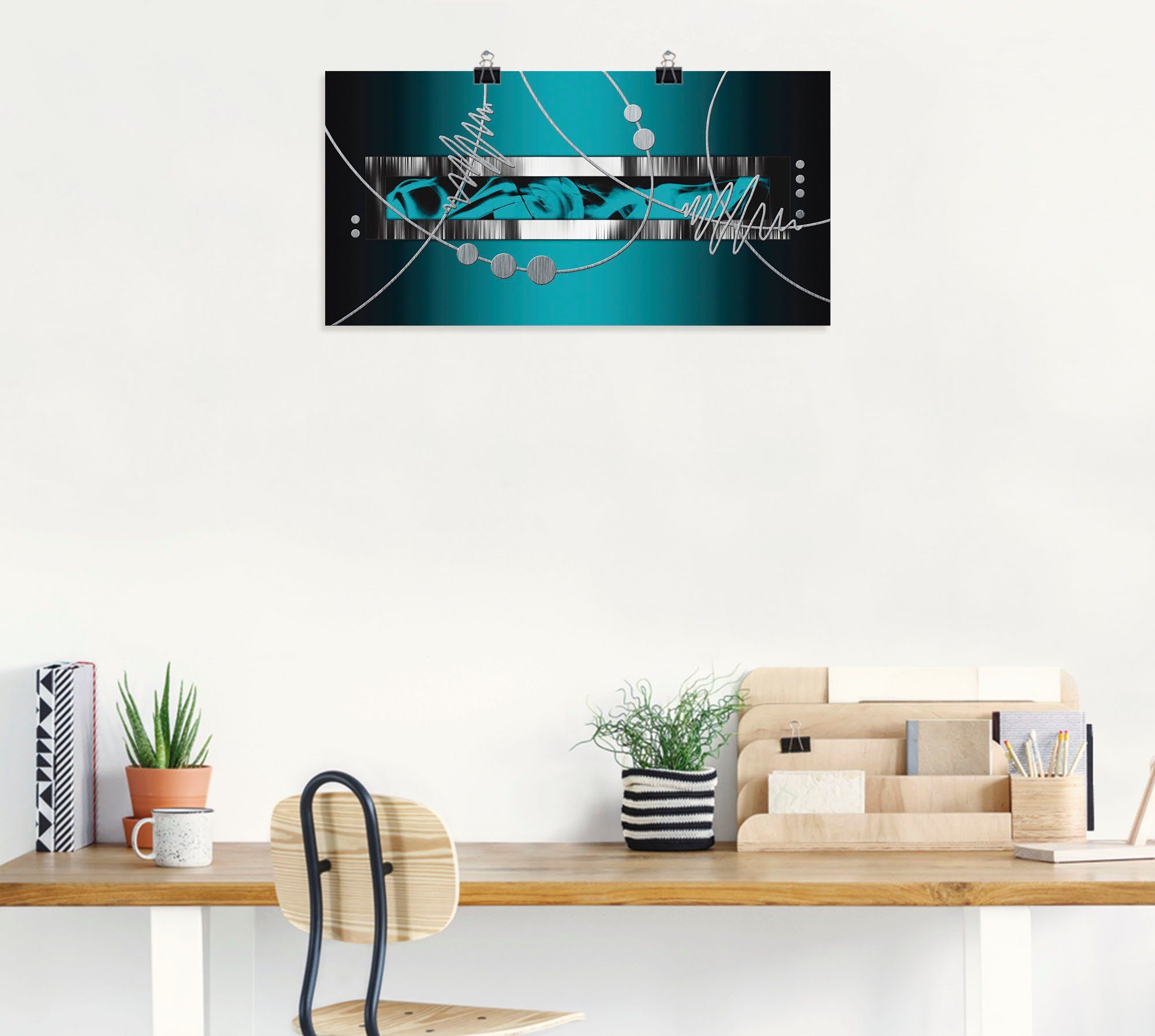Artland Artprint Zilverkleur abstract op petrol als artprint van aluminium, artprint voor buiten, artprint op linnen, poster, muursticker