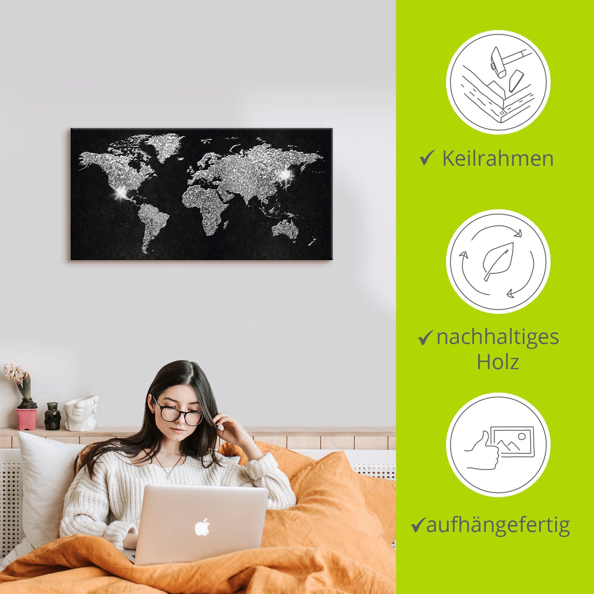 Artland Artprint Wereldkaart glitter als artprint van aluminium, artprint voor buiten, artprint op linnen, poster, muursticker