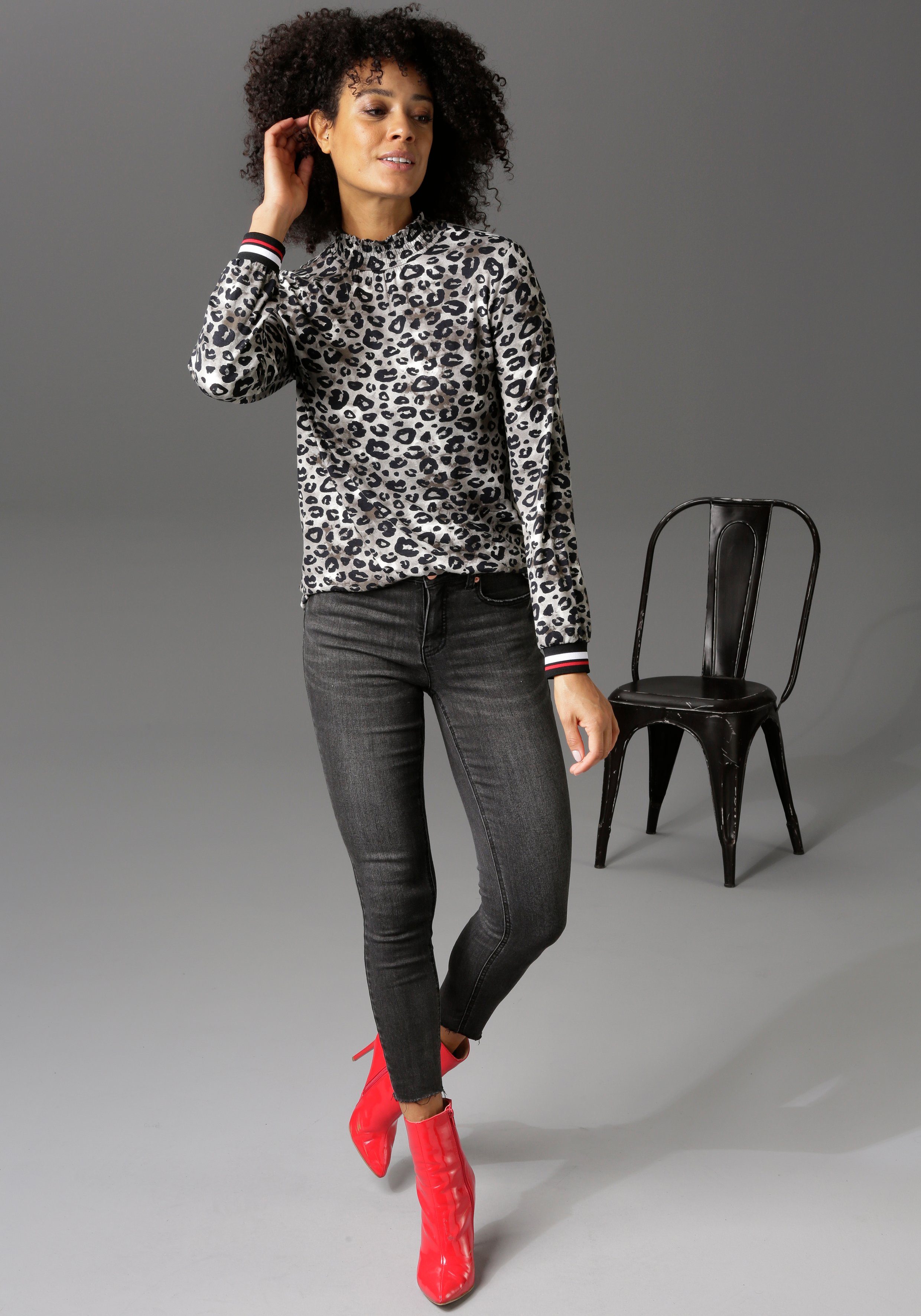 Aniston CASUAL Shirt met lange mouwen met trendy animal-print en gestreepte boord