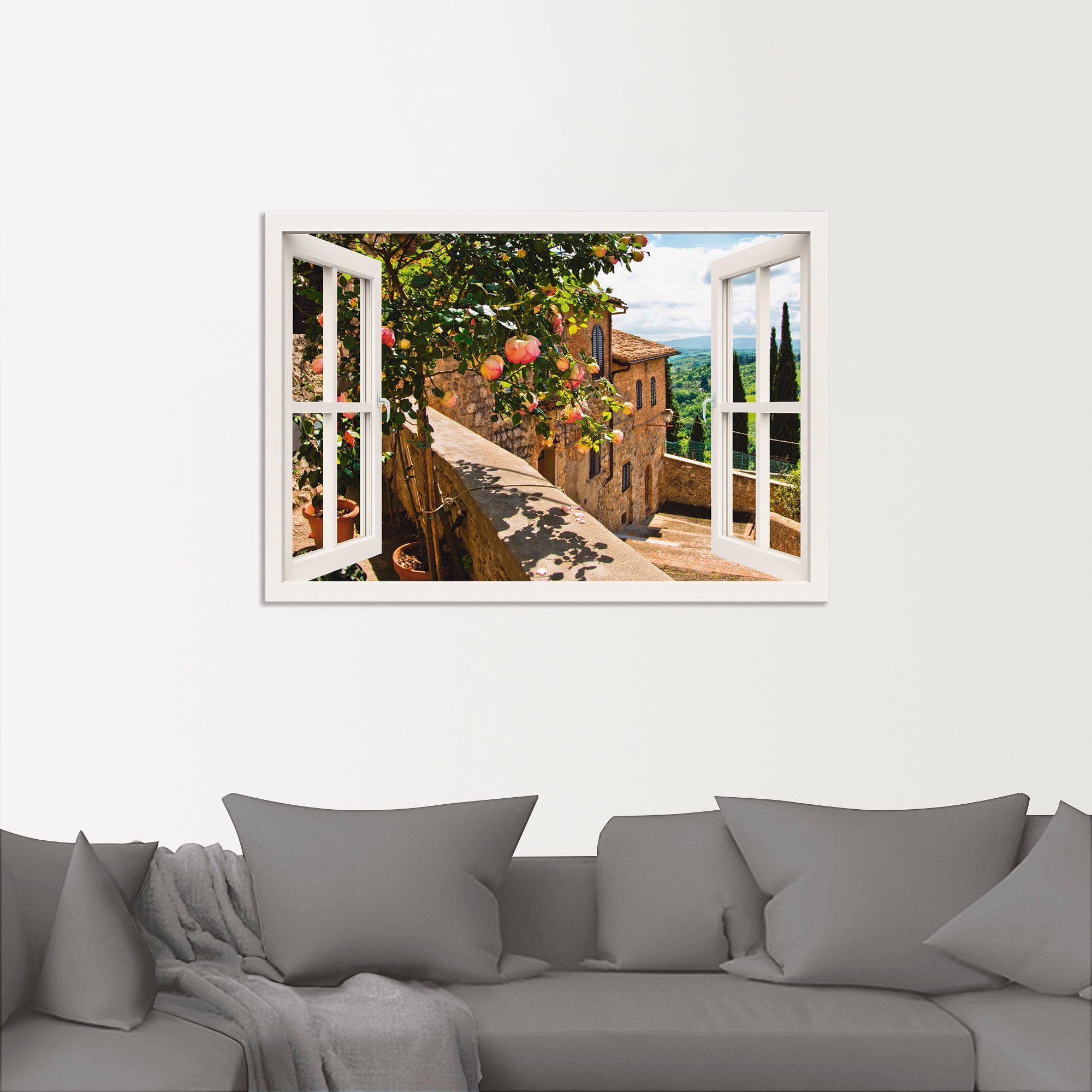 Artland Artprint Blik uit het venster rozen op balkon Toscane als artprint van aluminium, artprint voor buiten, artprint op linnen, poster, muursticker