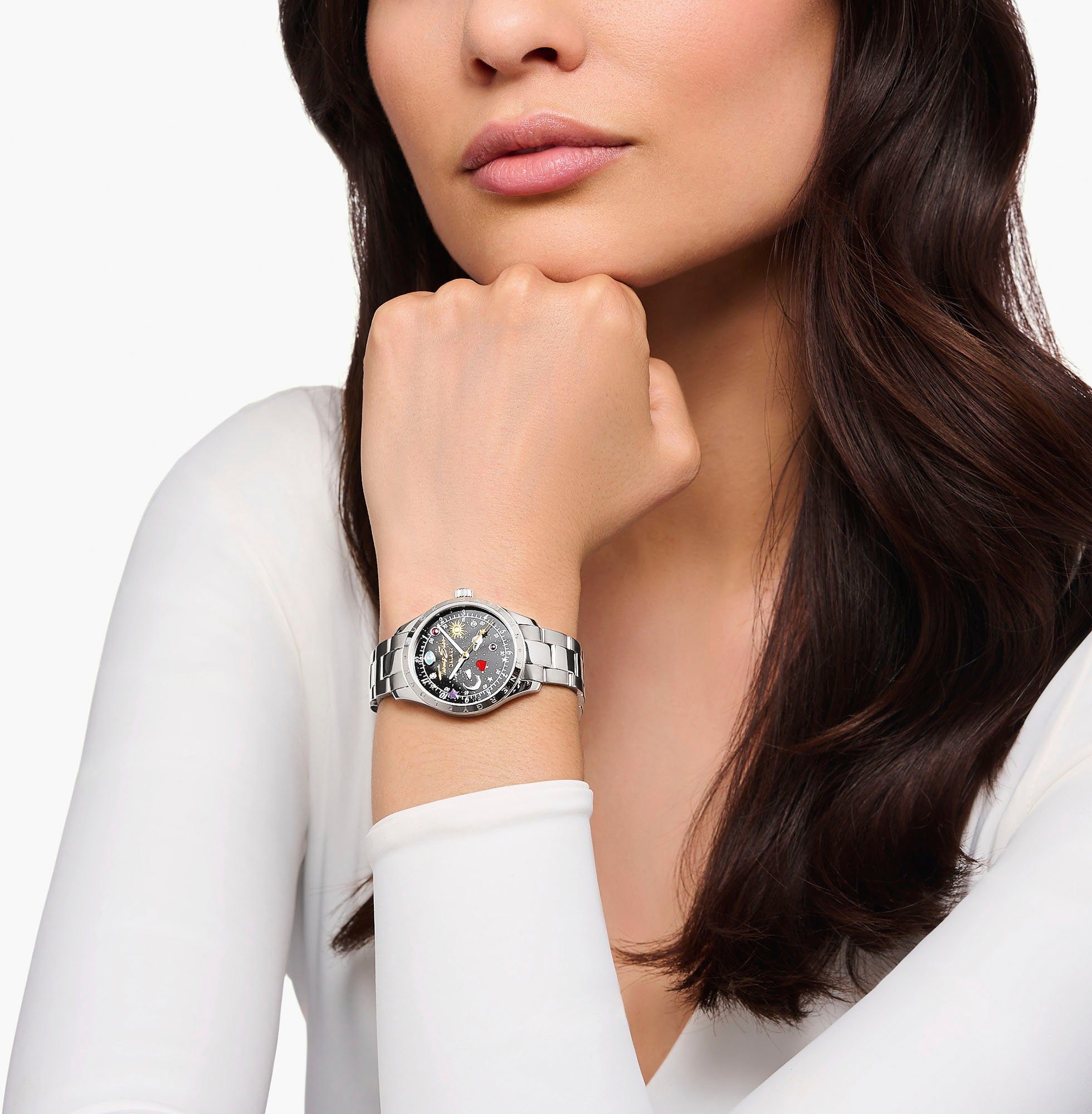 THOMAS SABO Kwartshorloge COSMIC AMULET Horloge, dameshorloge, zirkonia, hart, maan, sterren, stalen armband