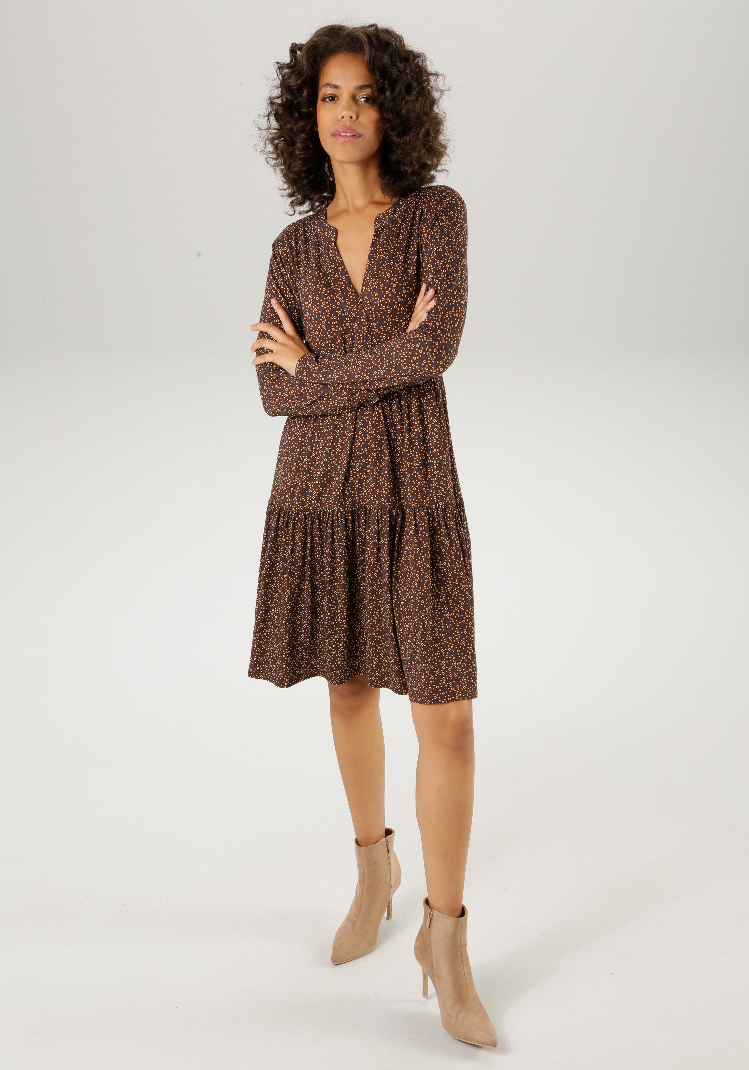 Aniston CASUAL Jerseyjurk met trendy gekleurde, grafische allover-print dames jerseyjurken maat 40 bruin